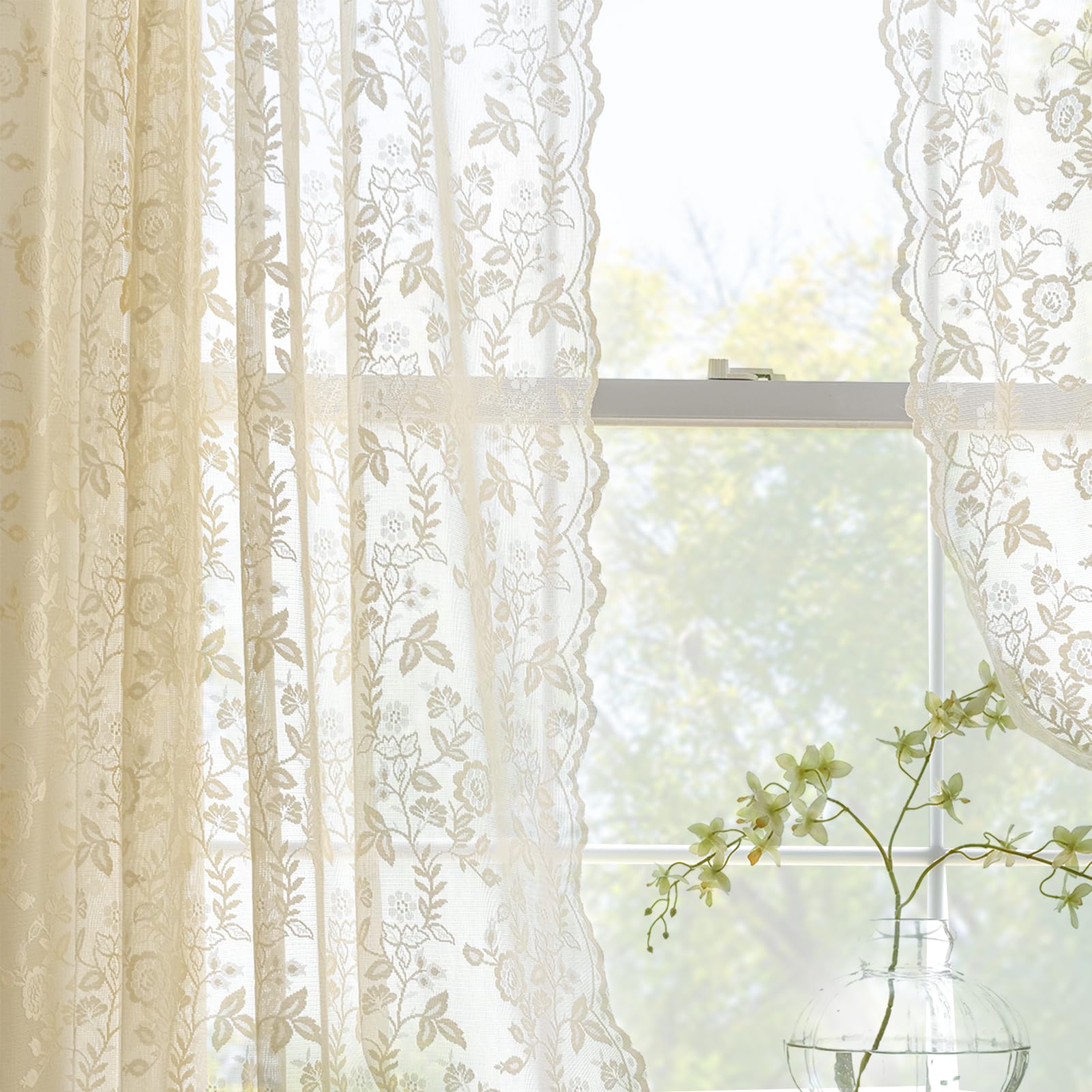 Finecity 96 Inches Long Beige Lace Curtains 2 Panels Set, Country Rustic Leaf Floral Knitted Vintage Lacy Curtains For Living Ro