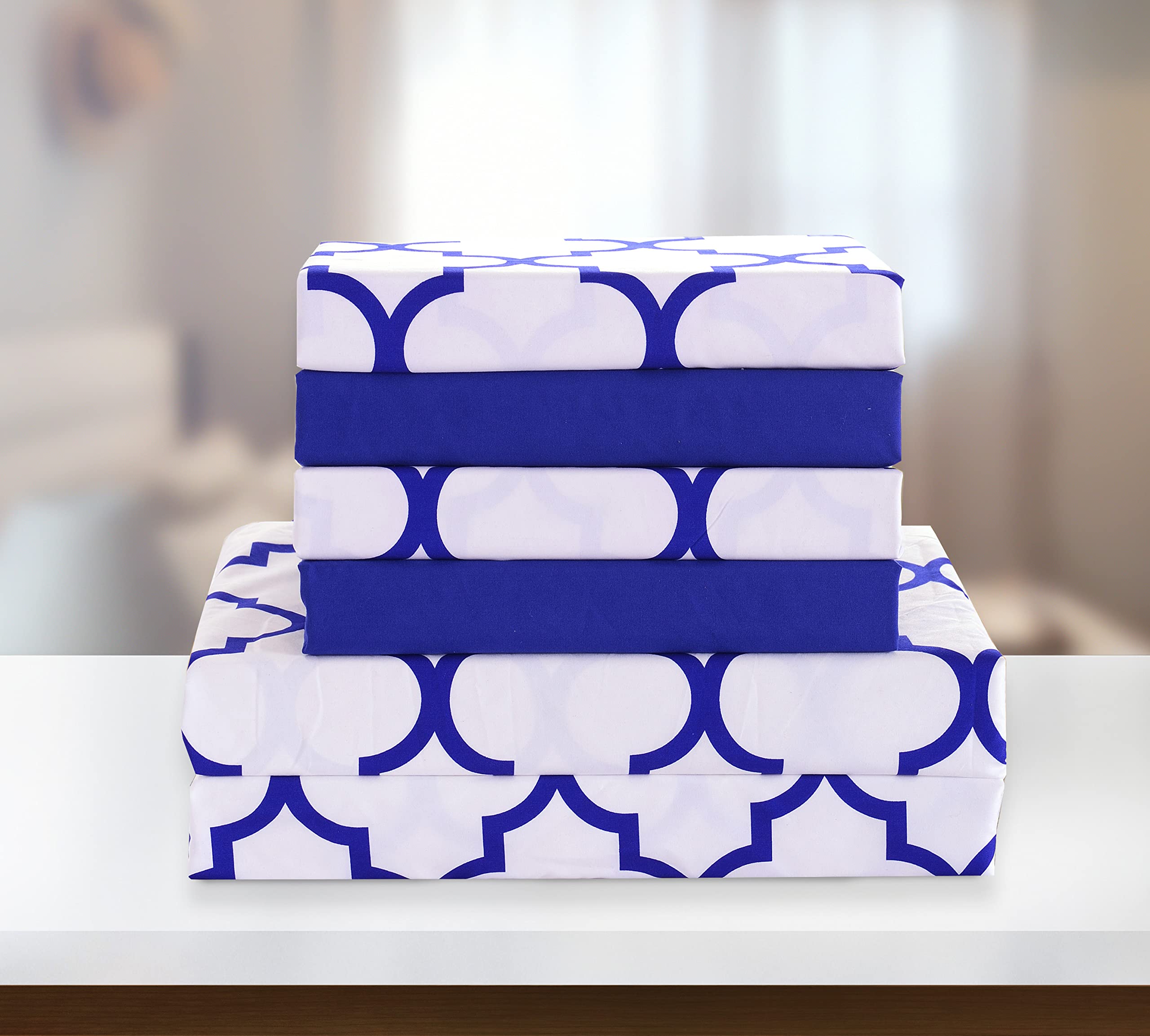 Elegant Comfort 6-Piece Moroccan Trellis Print Sheet Set, Super Cozy, Fade And Wrinkle Resistant, 1500 Premium Hotel Quality Microfiber, Deep Pocket Fitted Sheet With Smart Pockets, Queen, Blue