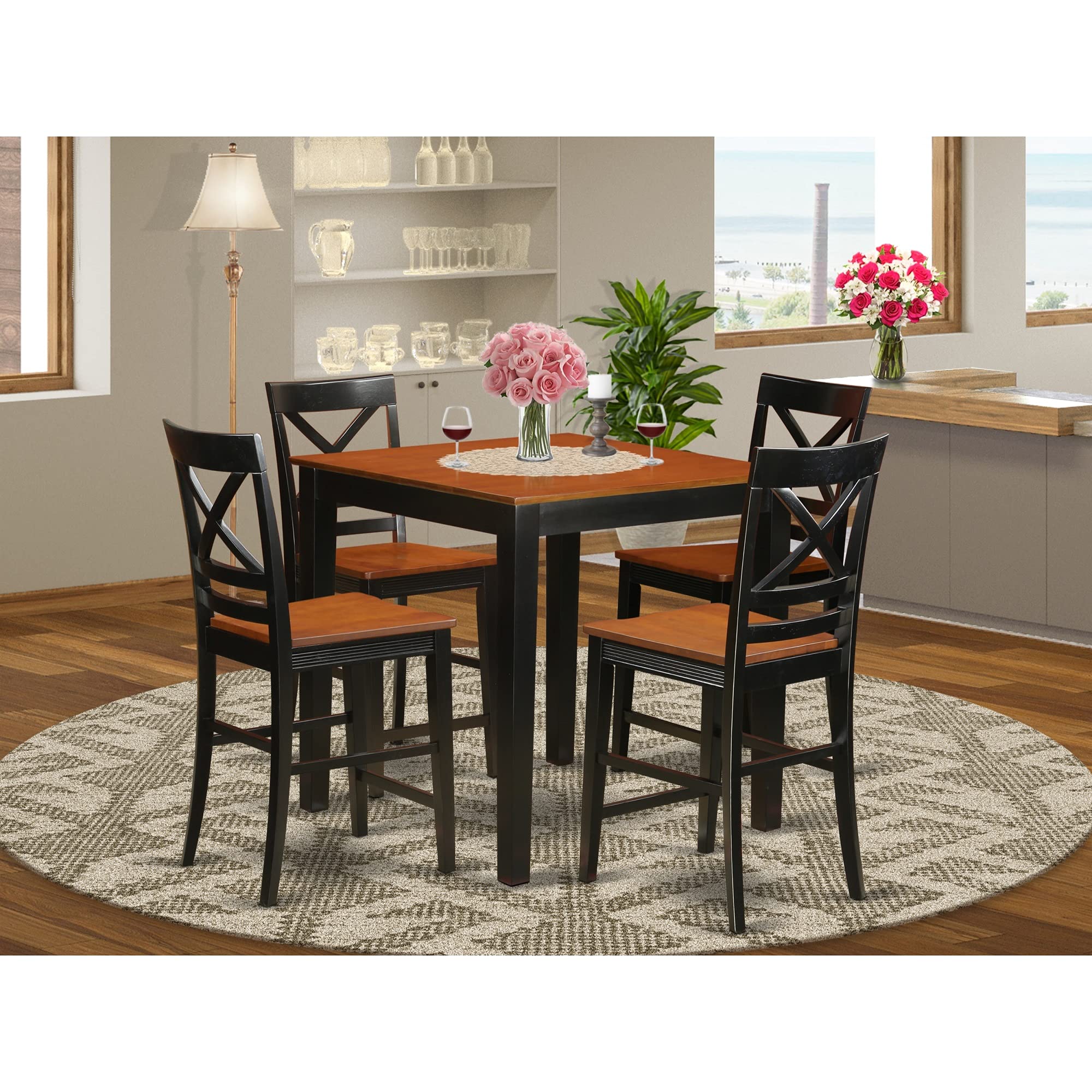 East West Furniture PBQU5-BLK-W 5 Piece Counter Height Pub Set Includes a Square Dining Room Table and 4 Kitchen Chairs, 36x36 Inch, Black & Cherry