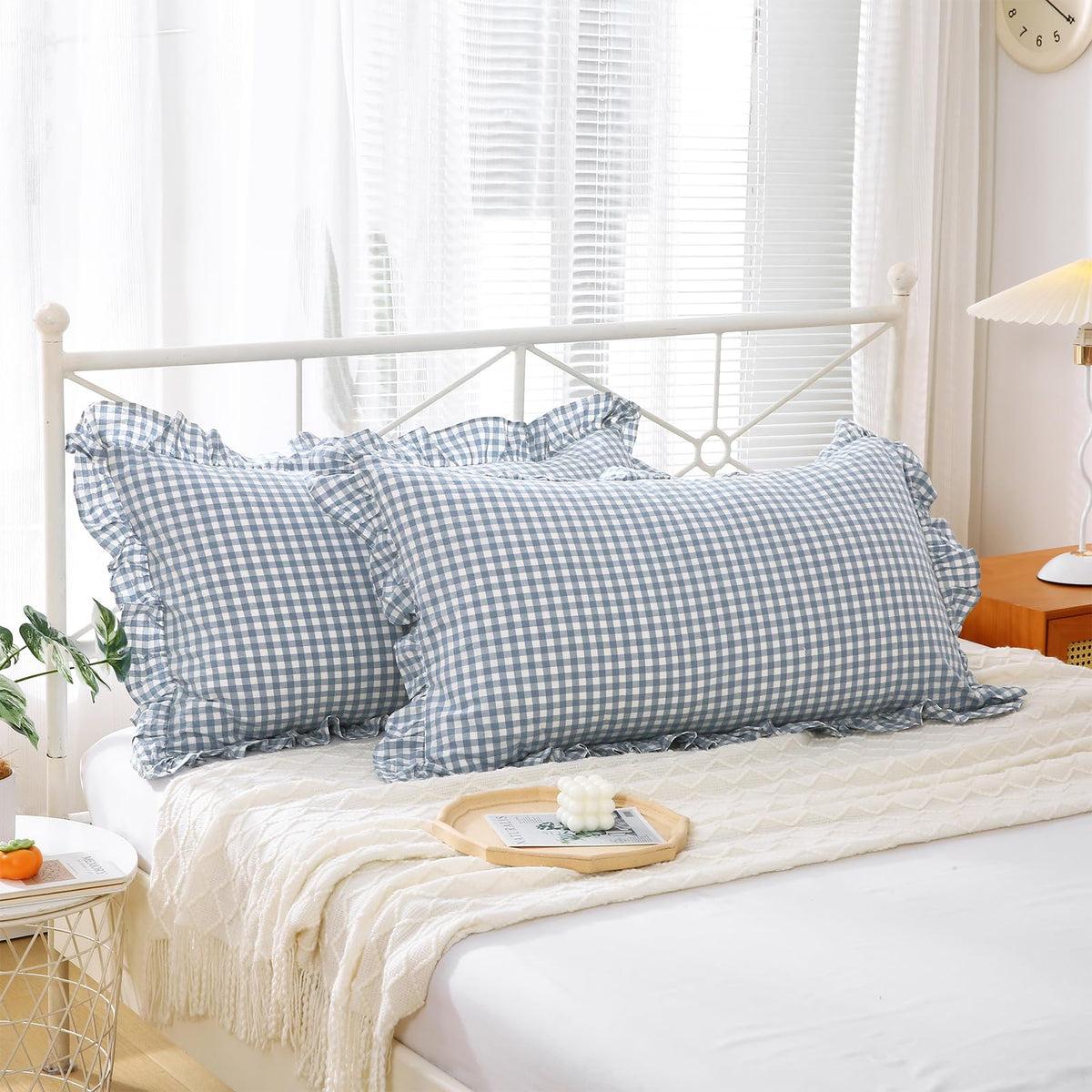 K Masaniji 2 Pack Dust Blue White Plaid Ruffle Pillow Shams Standard Size 20X26 Inches, 100% Washed Cotton Gingham Buffalo Check