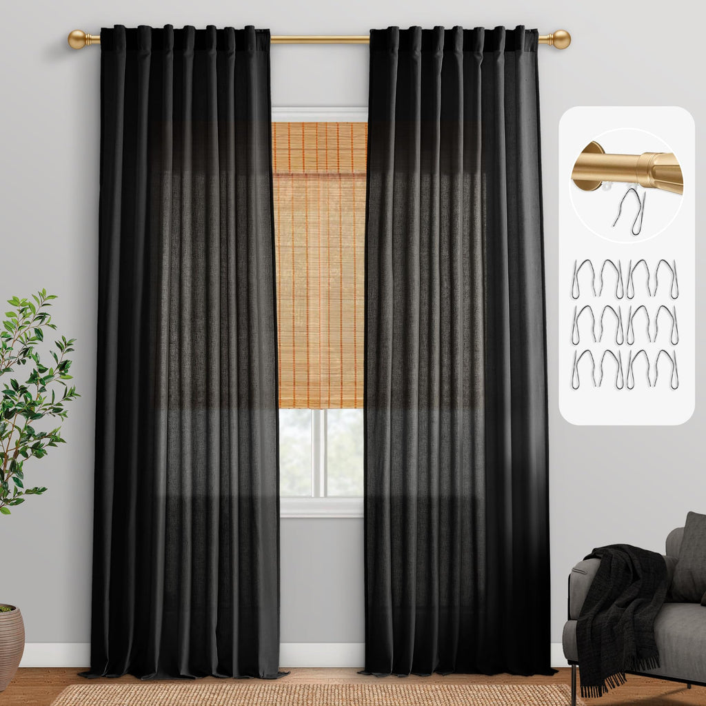 PANELSBURG Black Linen Curtains 84 Inch Length for Living Room,Back Tab Rod Pocket Light Filtering Halloween Gothic Semi Sheer C