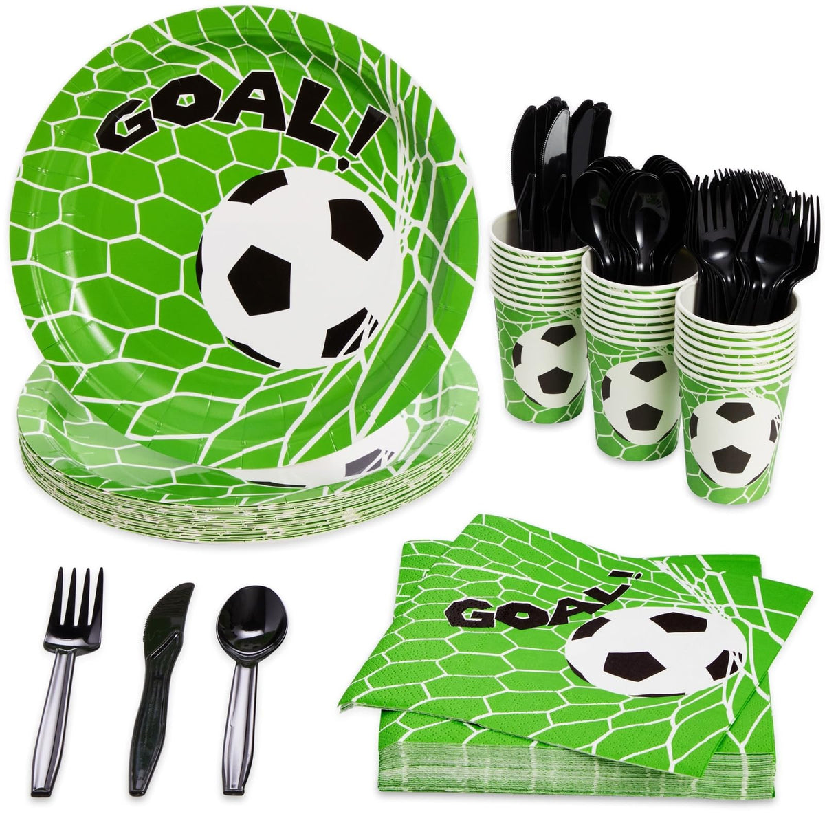144-Piece Soccer Themed Birthday Party Supplies, Bundle Includes Paper Plates, Napkins, Cups, and Plastic Cutlery for Sports The