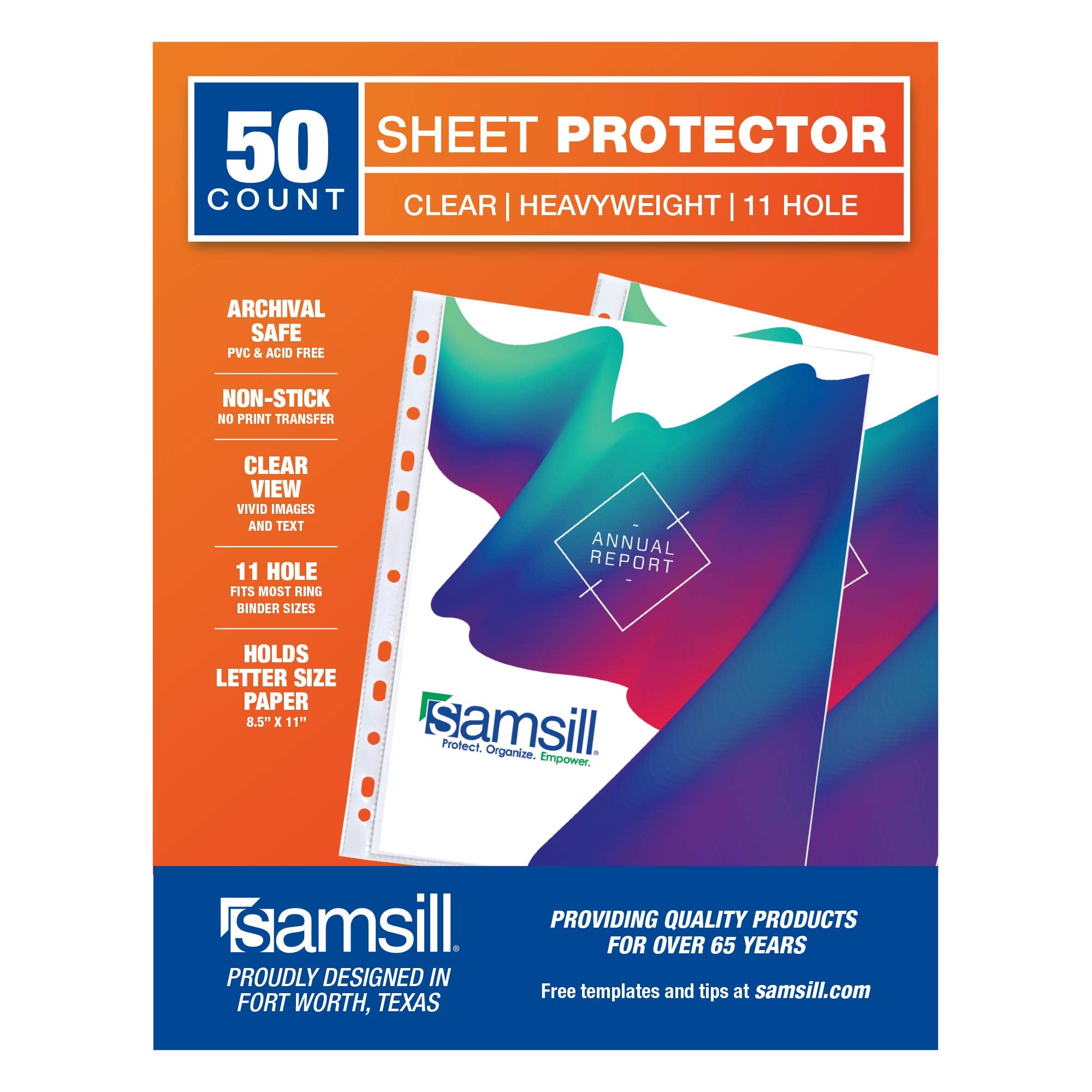 Samsill 50 Pack Standard Weight 11 Hole Clear Sheet Protectors, Acid Free Archival Safe, 8.5 X 11 Inches, Top Loading