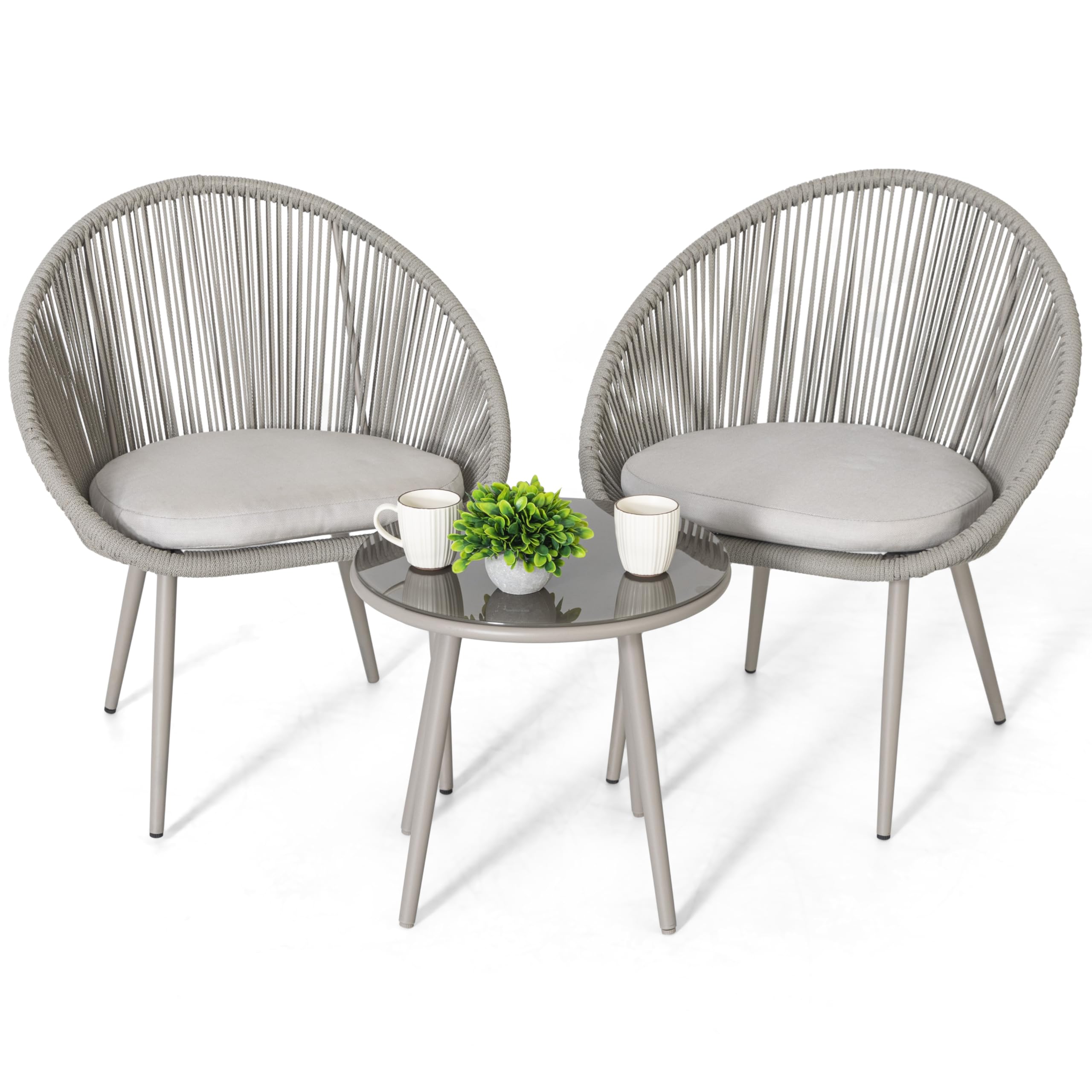 NUU GARDEN 3 Piece Outdoor Bistro Set, Woven Rope Conversation Patio Set, All Weather Patio Furniture Chairs and Table with Cush