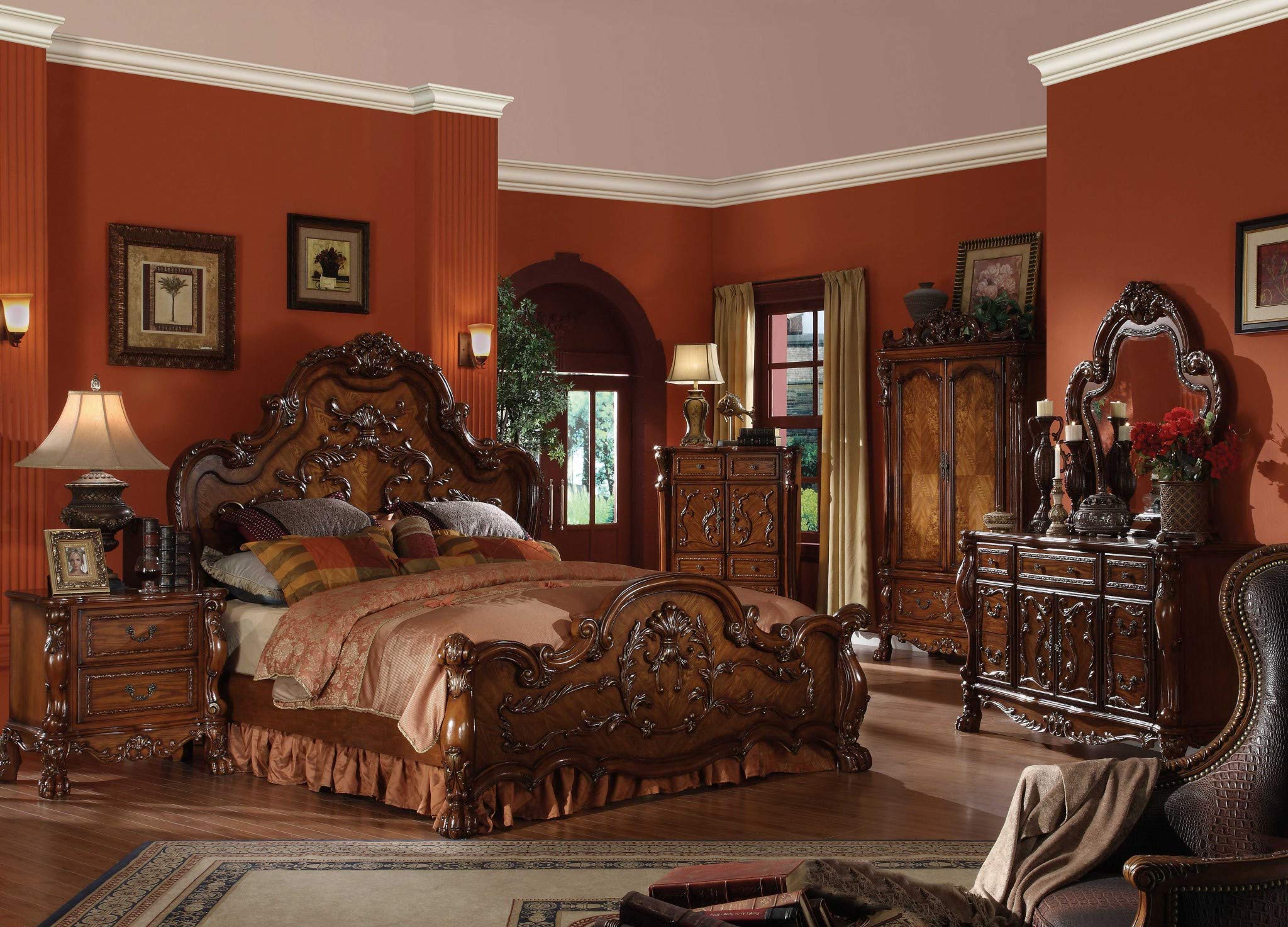 HomeRoots Wood, Poly Resin, Engineered Wood 72' X 91' X 72' Cherry Oak Wood Poly Resin Queen Bed