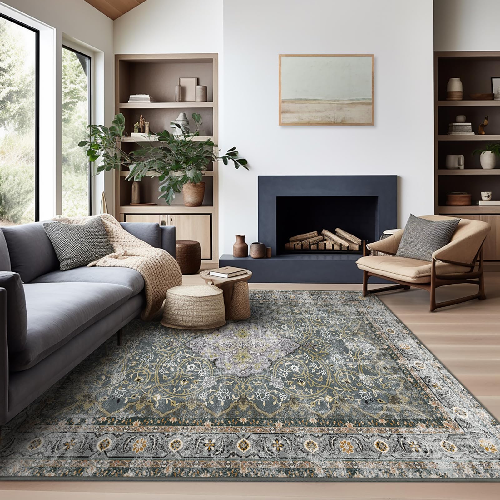 Ashler Vintage Rugs, 4x6 Boho Rug, Rugs for Living Room, Bedroom, Kitchen, Dinner, Grey Cya/Earthy Yellow Home Decor, Non-Slip &