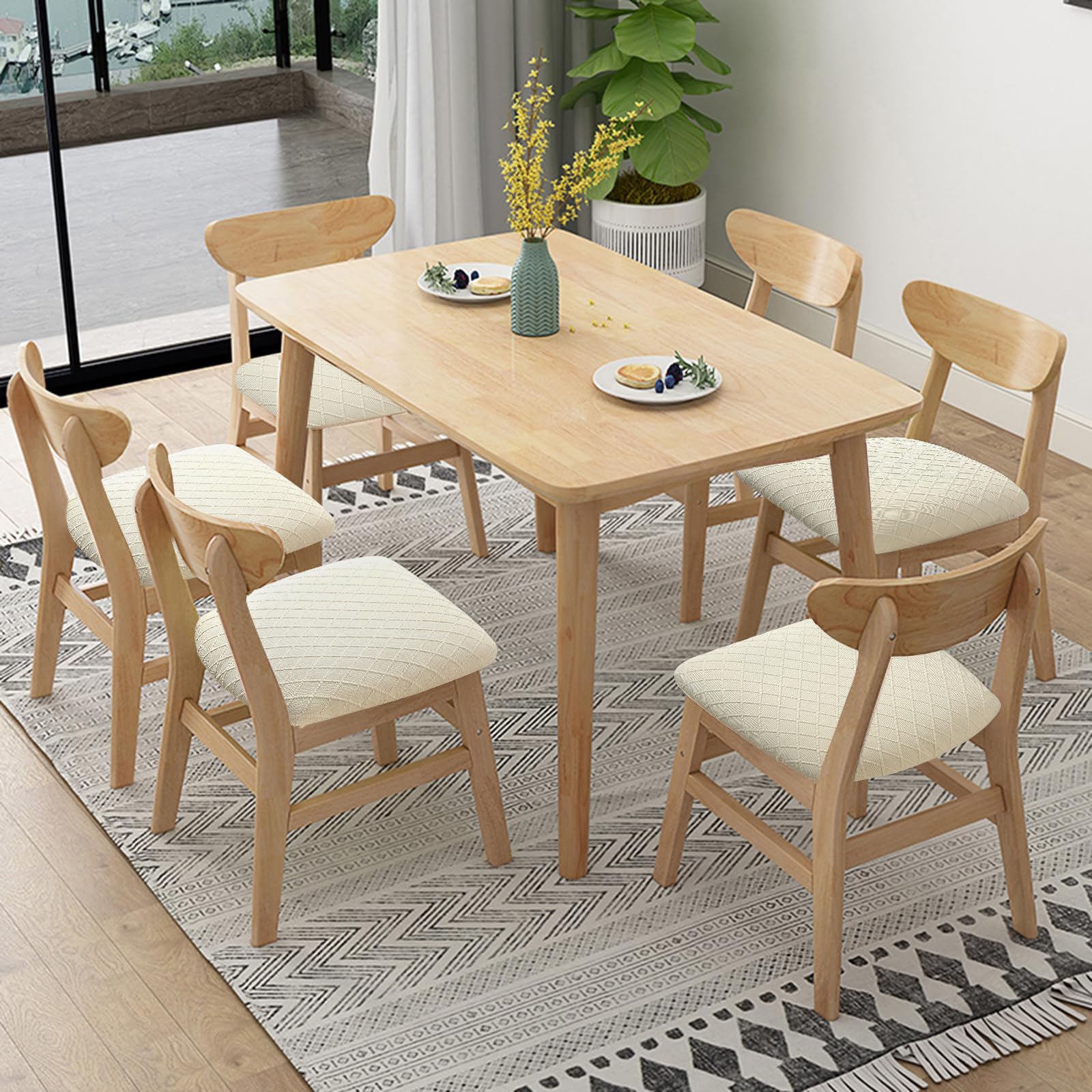 Fuloon Stretch Jacquard Chair Seat Covers Set Of 2, Removable Washable Dining Chair Covers Anti-Dust Dining Room Chair Covers Seat Cushion Slipcovers (2, Beige)