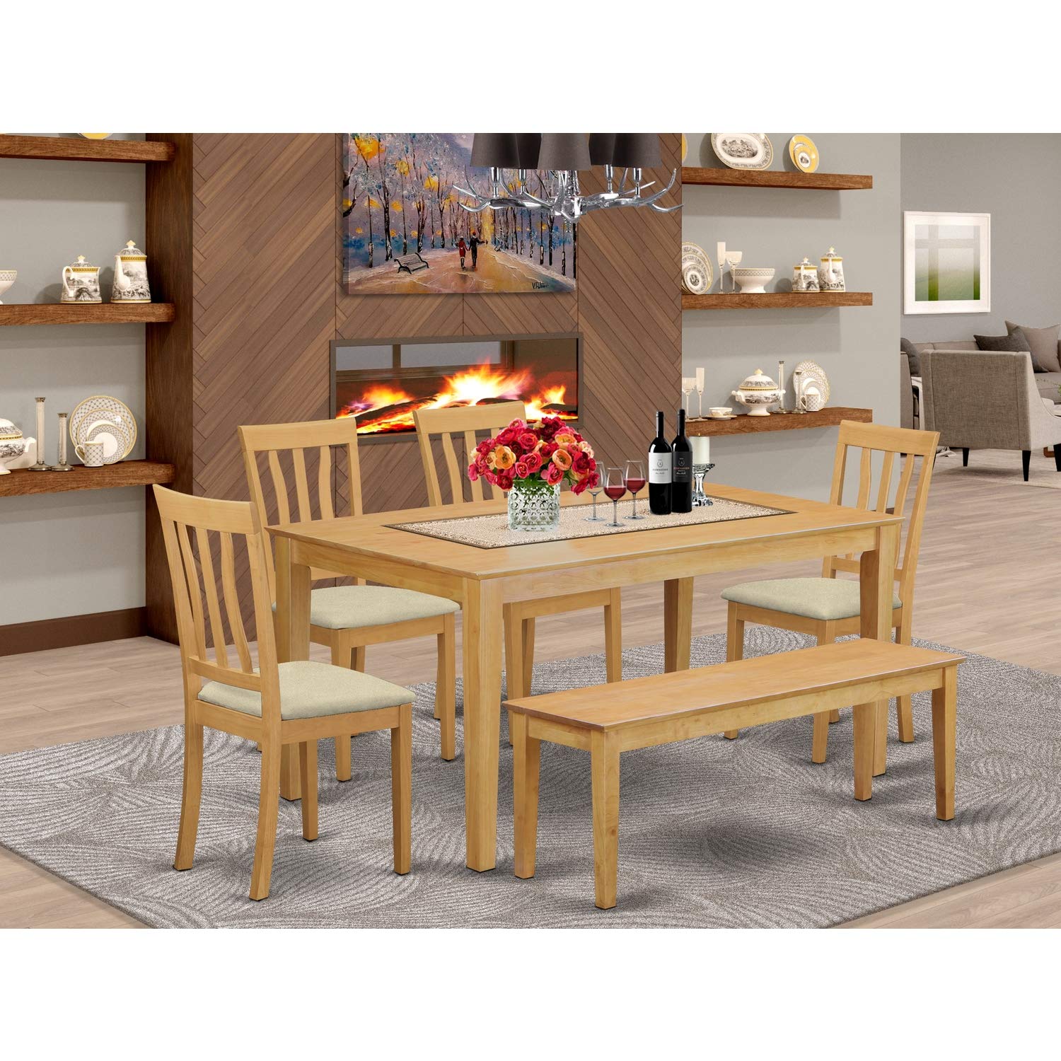 East West Furniture CAAN6-OAK-C 6 Piece Dining Table Set Contains a Rectangle Kitchen Table and 4 Linen Fabric Dining Chairs with a Bench, 36x60 Inch, Oak