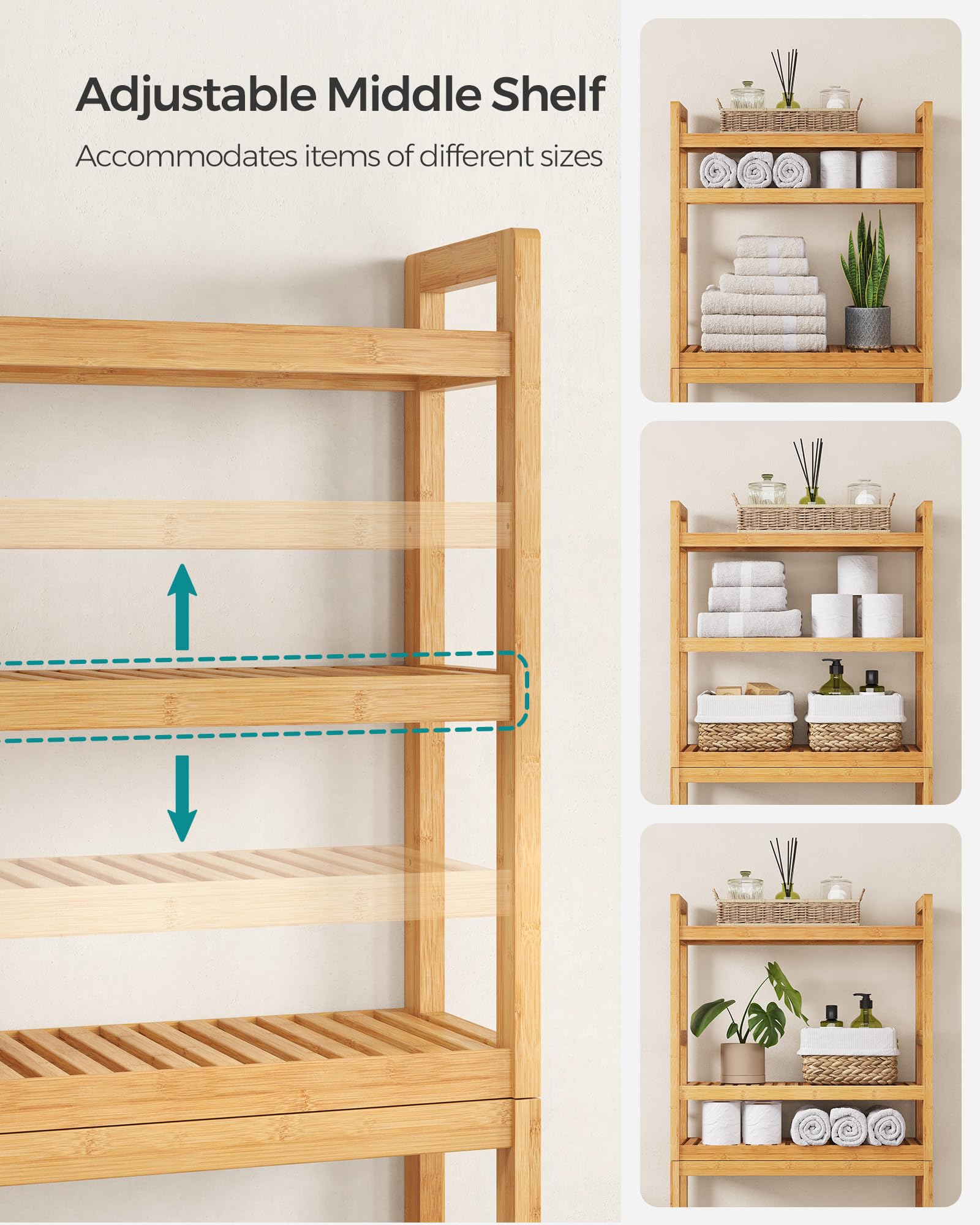 Songmics Over The Toilet Storage, 3-Tier Over Toilet Bathroom Organizer With Adjustable Shelf, Fit Most Toilets, Space-Saving, Natural Ubts001N01