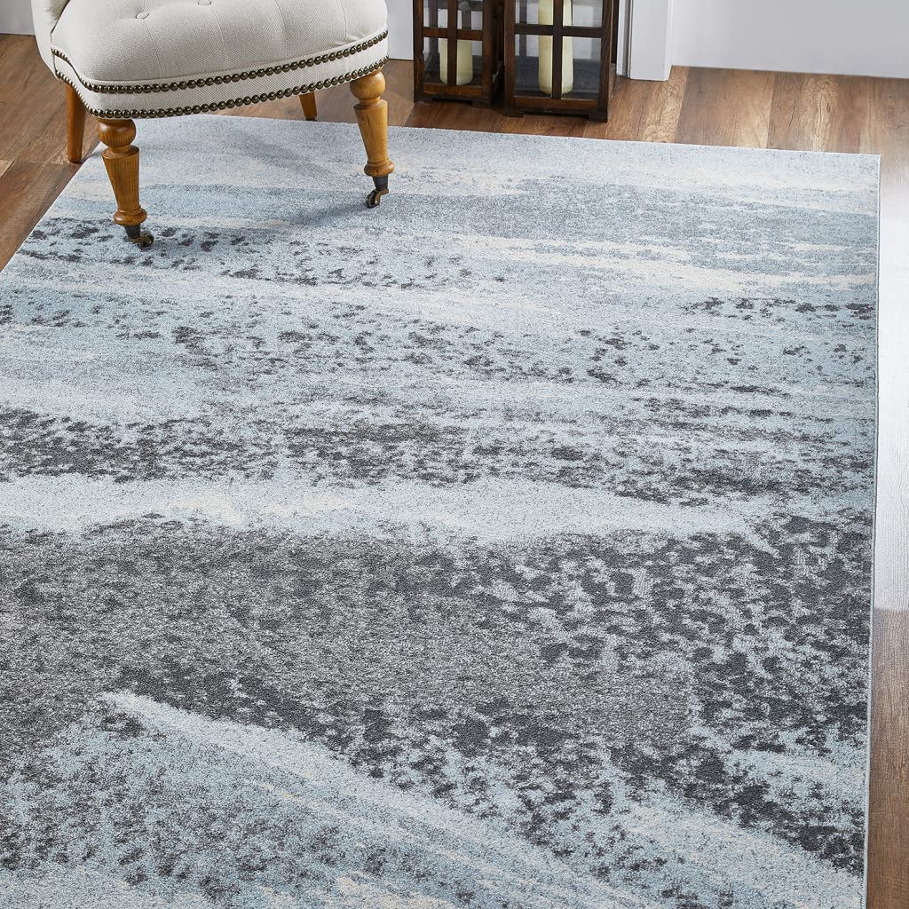 HomeRoots Blue/Grey Heat-Set Polypropelene 3’ x 5’ Blue Gray Abstract Mist Modern Area Rug