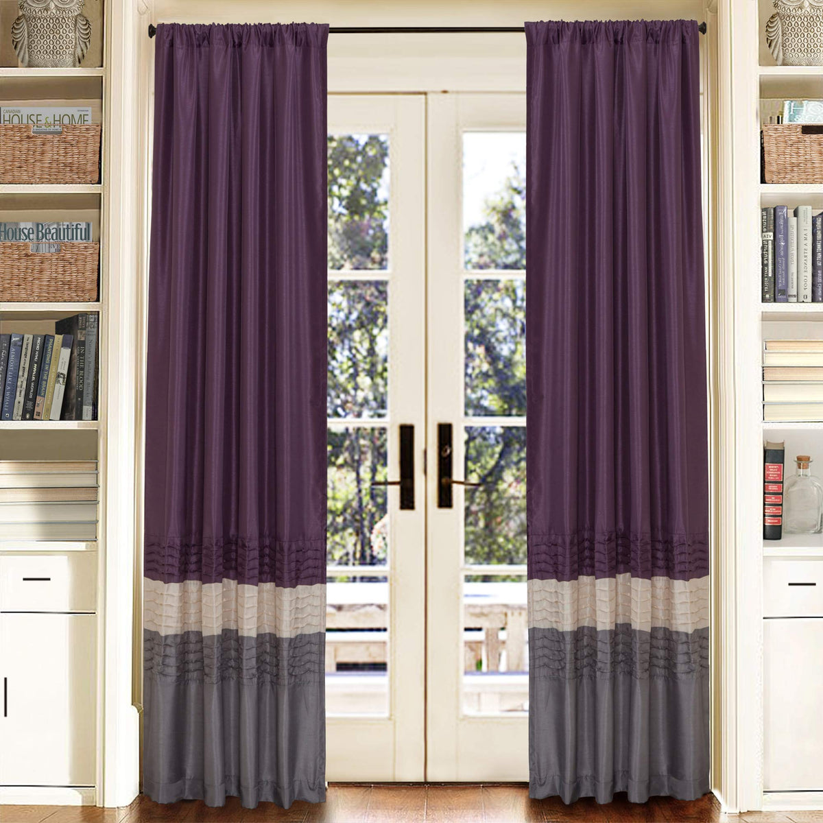 Lush Decor Mia Curtains | Window Panels Drapes Color Block Stripe Set for Living, Dining, Bedroom (Pair), 84 x 54, Gray/Purple