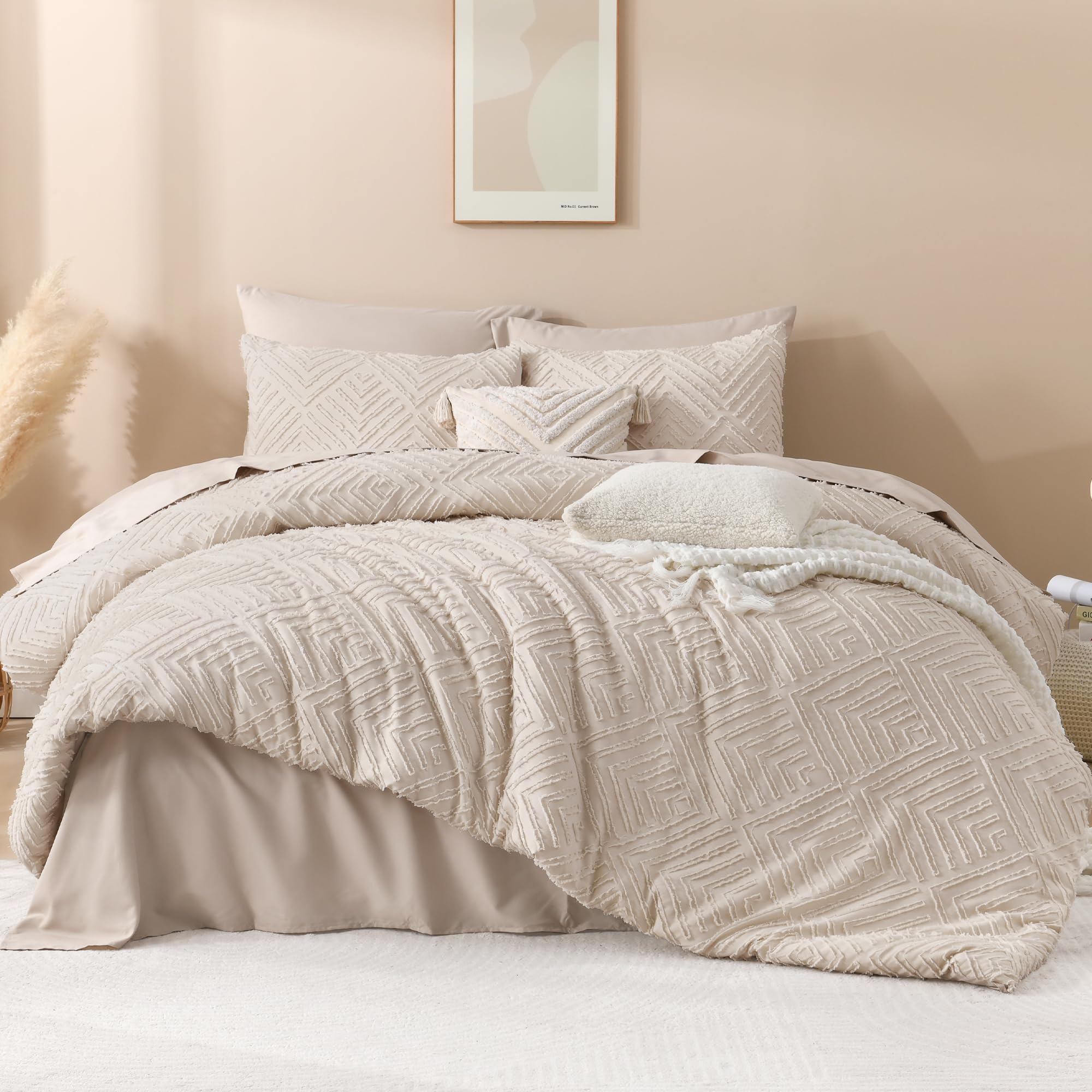 Andency Khaki King Size Comforter Set, Boho Tufted Microfiber Bedding, 3 Pieces
