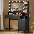 Driftalia Vanity Desk with Mirror and Lights, Makeup Vanity with Storage Drawer, Power Outlet and Large Cabinet for Bedroom - Bl