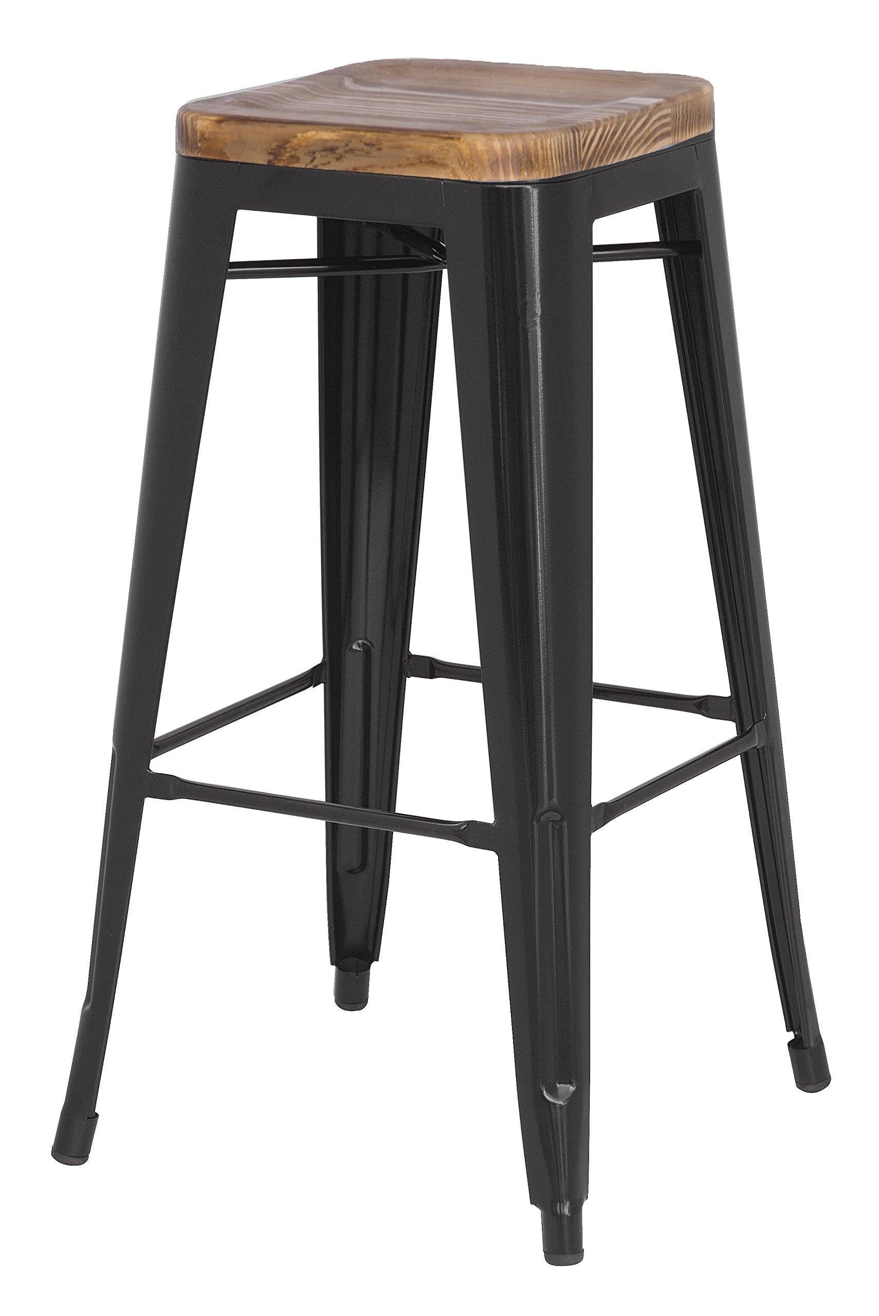 New Pacific Direct Metropolis Metal Backless Bar Stool 30" Wood Seat,Indoor/Outdoor Ready,Black,Set of 4