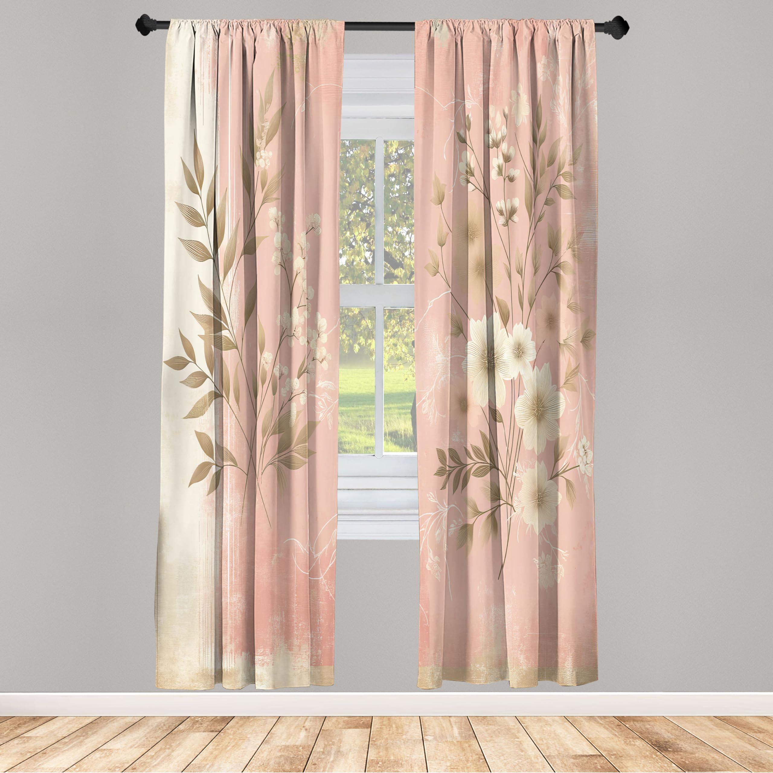 Ambesonne Pink Window Curtains, Leafy Floral Illustration Modern Boho Concept Rose Tones Grunge Art Minimalist, Lightweight Deco