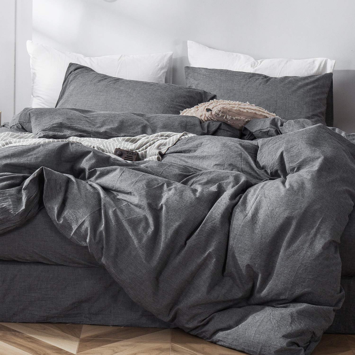 Moomee Bedding Duvet Cover Set 100% Washed Cotton Linen Like Textured Breathable Durable Soft Comfy (Dark Grey, Oversized Queen)
