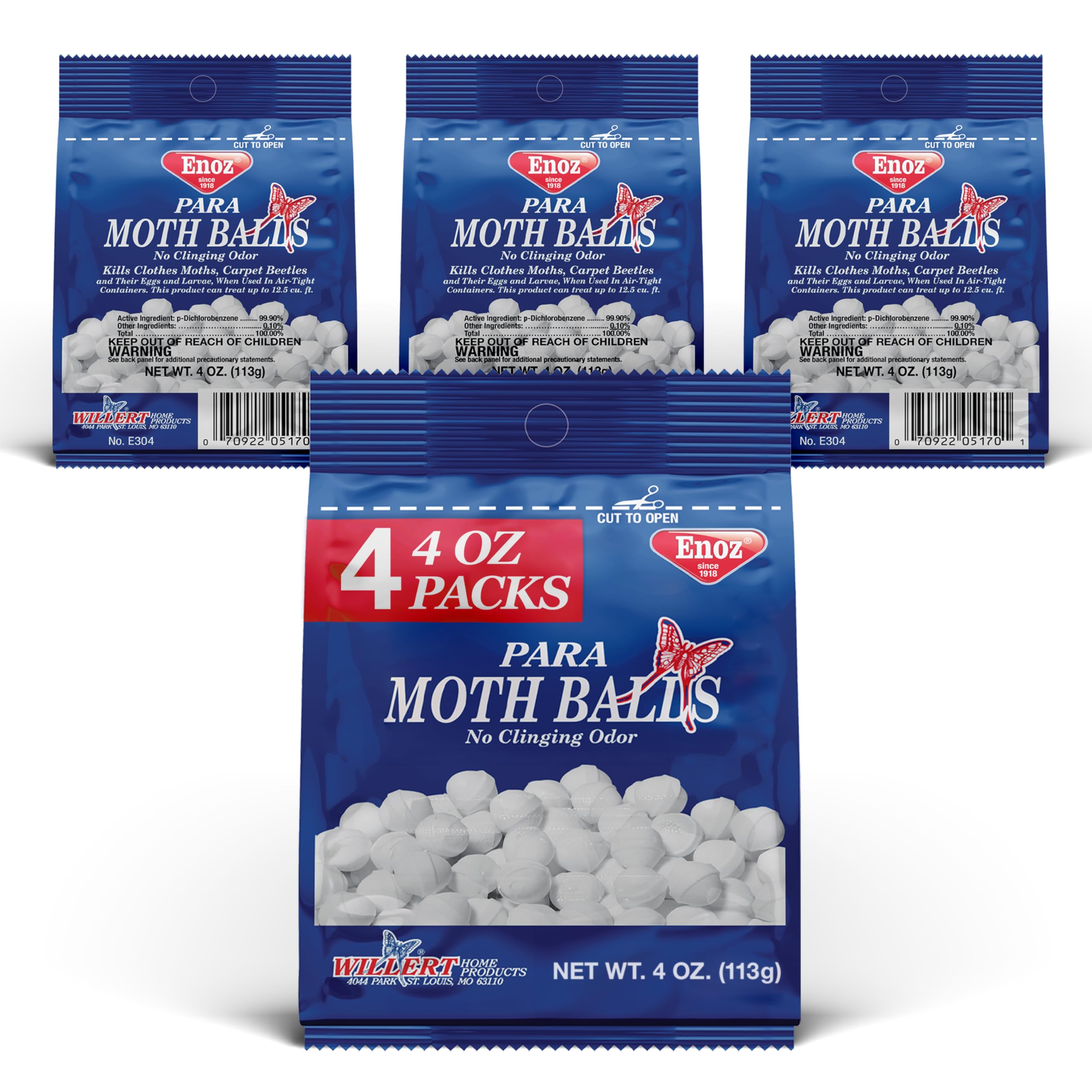 Enoz Para Moth Balls, Kills Clothes Moths and Carpet Beetles, No Clinging Odor, 4 Oz (Pack of 4)