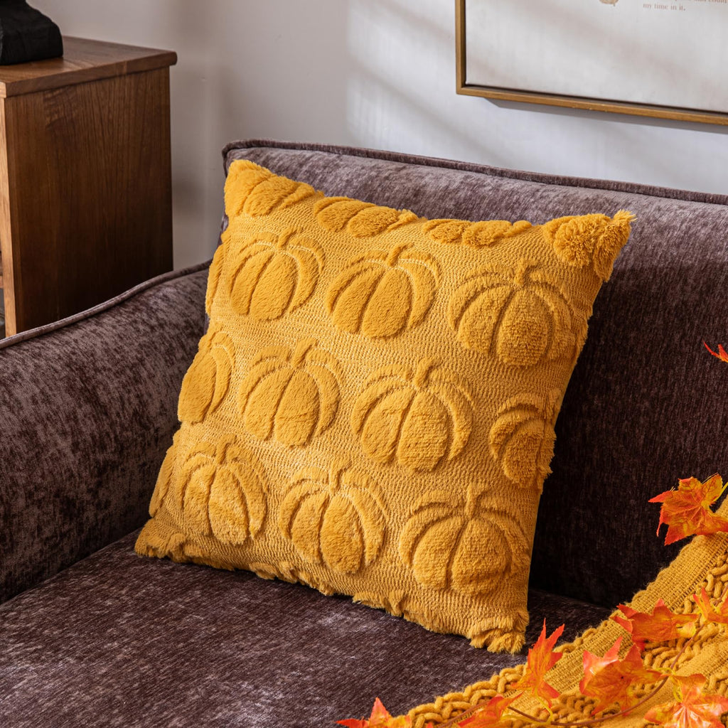 Cosibono Pumpkin Fall Decorative Throw Pillow Covers 20'X20', Set Of 2 Mustard Yellow Soft Faux Fur Pillow Covers For Autumn H