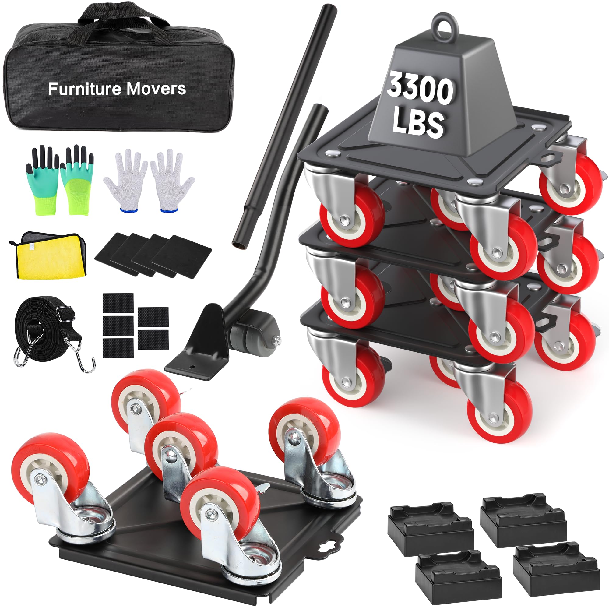Heavy Duty Furniture Dolly with 5 Wheels, 3300 lbs Load Capacity for Easy Moving and Storage, Furniture Lift Mover Tool Set Perf