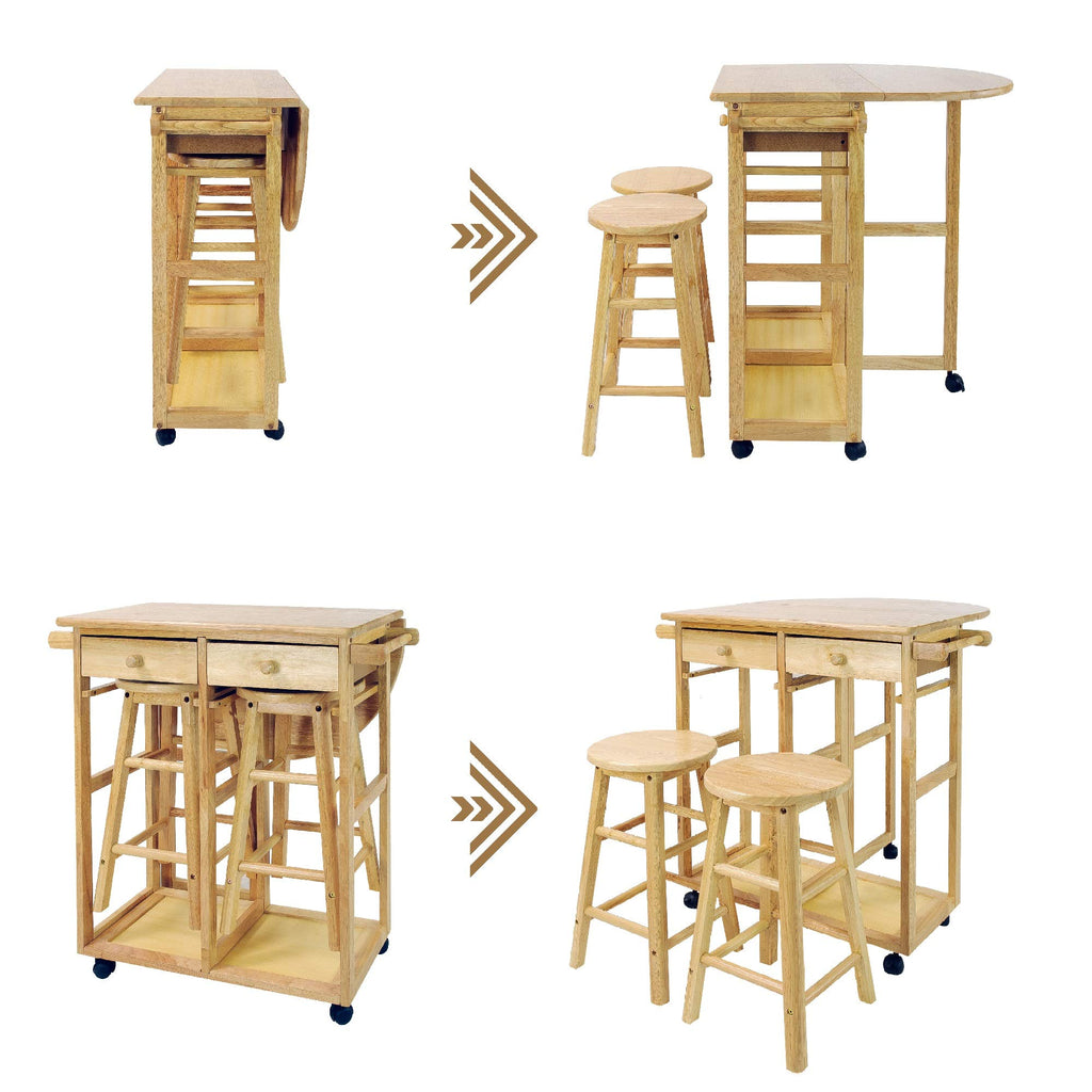 Casual Home Natural Breakfast Kitchen Cart With Drop-Leaf Table