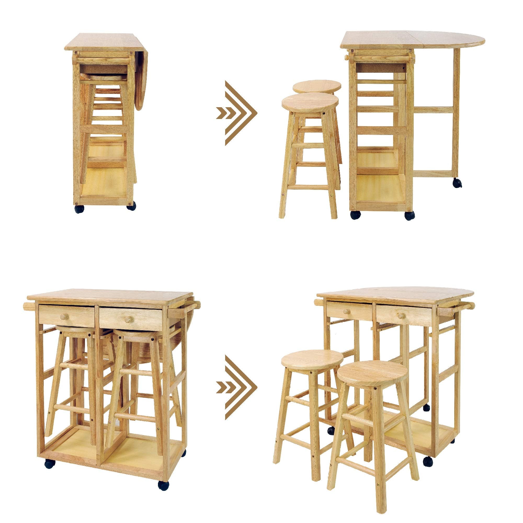 Casual Home Natural Breakfast Kitchen Cart With Drop-Leaf Table