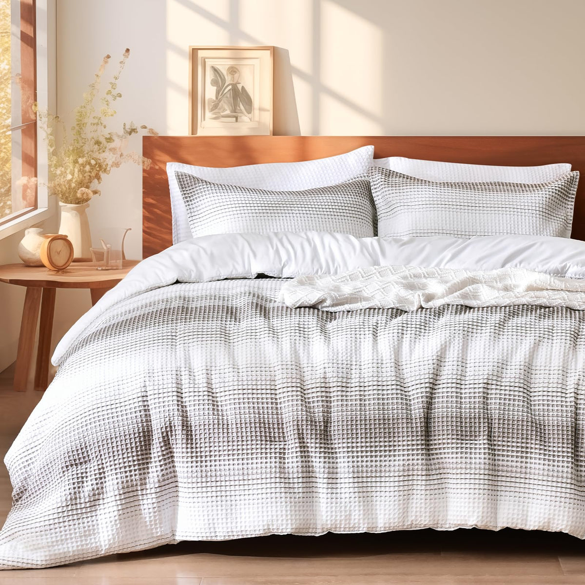 PHF 3 Pieces Yarn Dyed Waffle Weave Comforter Set Queen Size, Lightweight Breathable Comfy Bedding Set for All Season, Ultra Sof