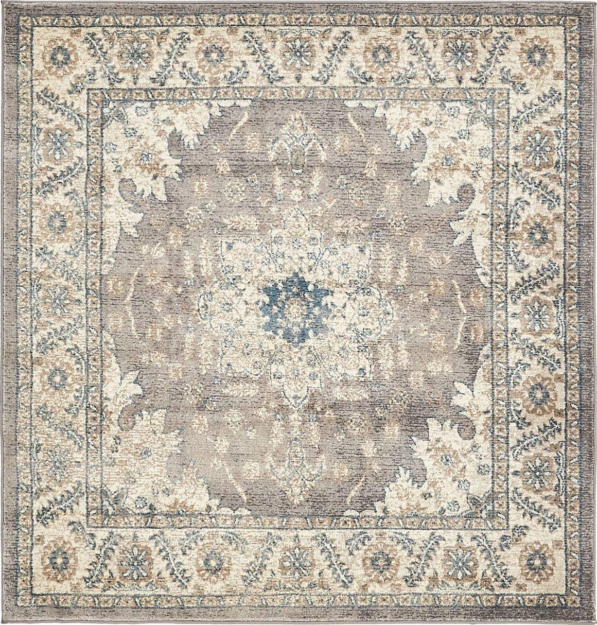 Unique Loom Salzburg Collection Classic Traditional Design Oriental Inspired Border Area Rug, 5 ft Square, Gray/Beige