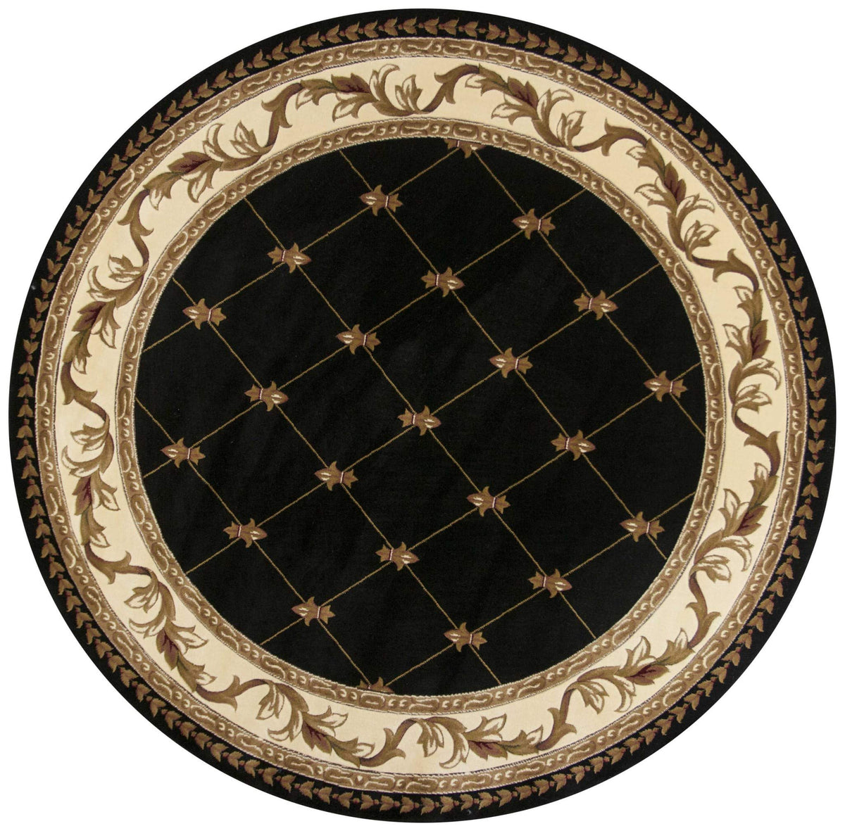 HomeRoots Polypropylene 7' Round Black Diamond Fleur de Lis Bordered Indoor Area Rug