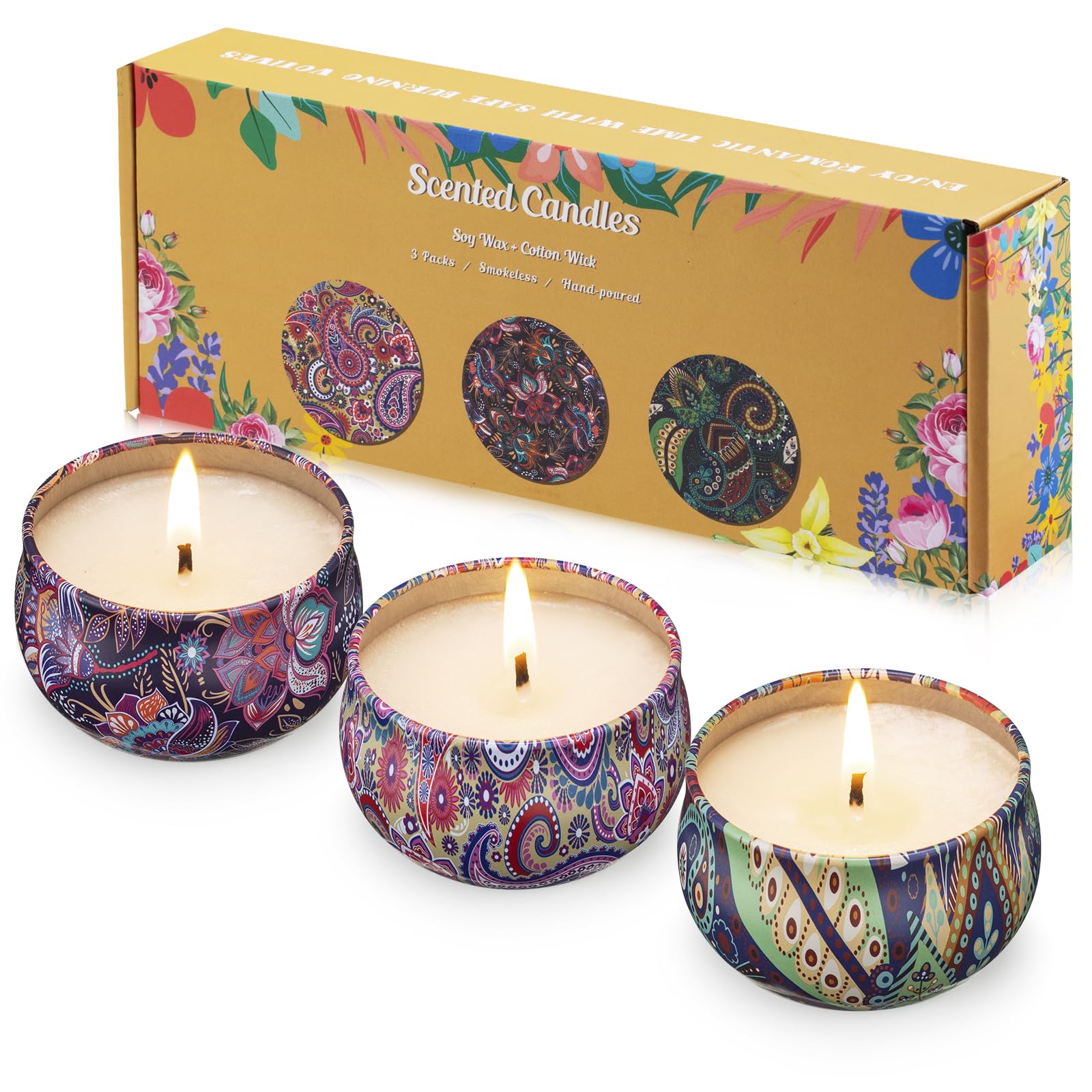 Hausware 3 Pack Scented Candles, 2.5 oz Aromatherapy Candles with Floral Scents,Soy Candles Set with 72H Burning Time,Ideal Gift