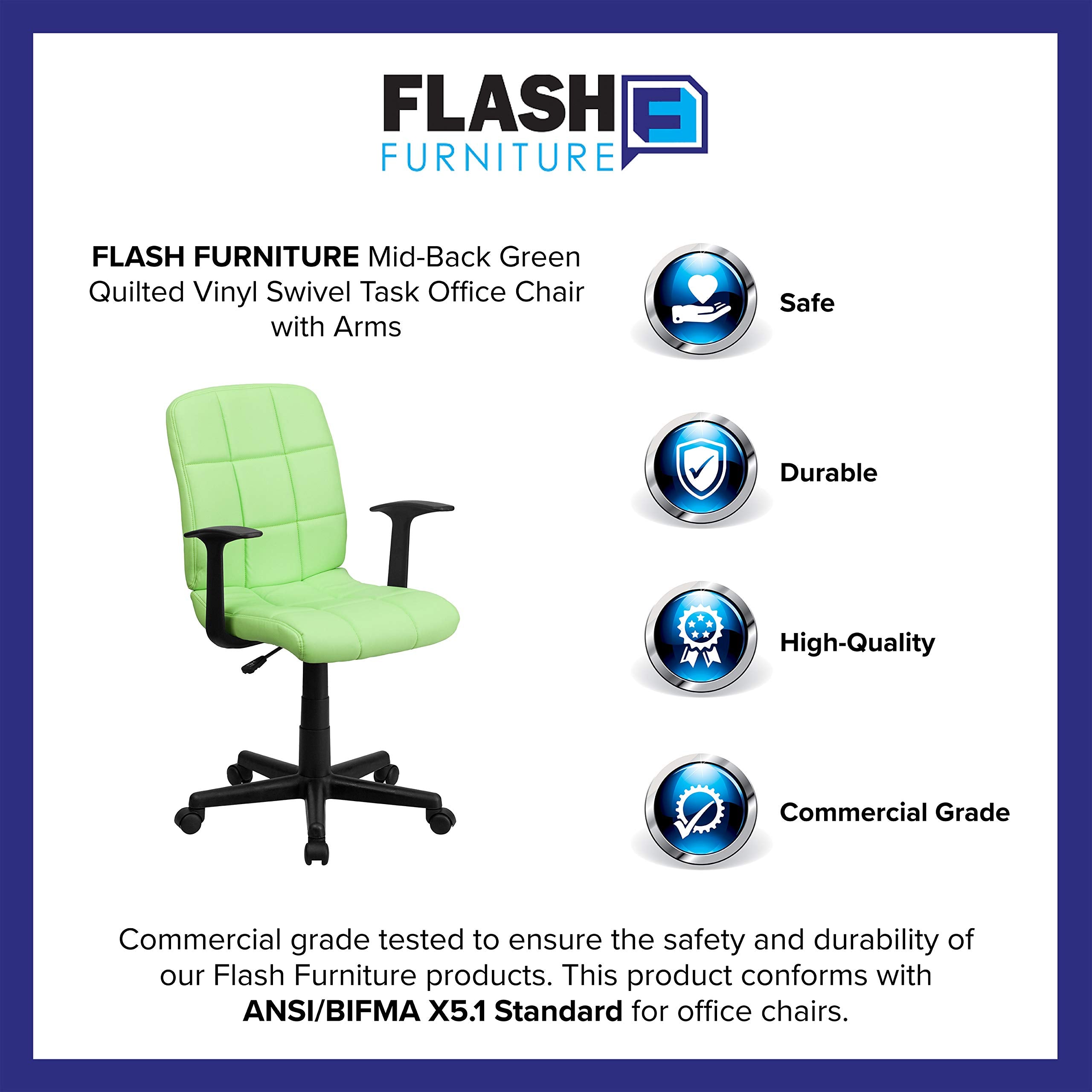 Flash Furniture Clayton Mid-Back Green Quilted Vinyl Swivel Task Office Chair with Arms