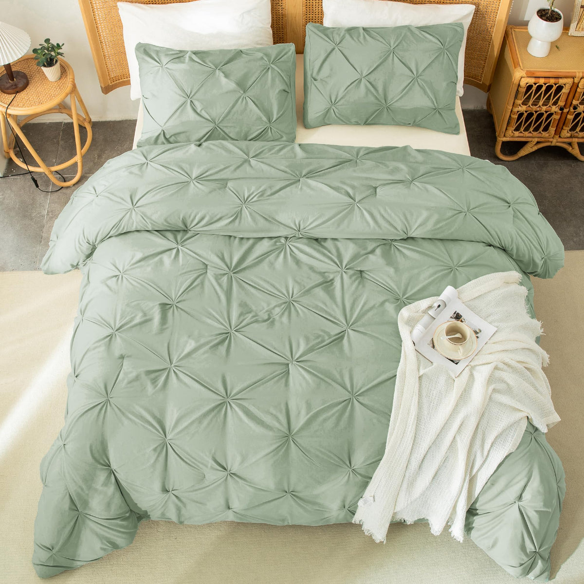 Andency Sage Green Comforter Twin(66X90Inch), 2 Pieces(1 Pintuck Comforter, 1 Pillowcase) Microfiber Pinch Pleat Comforter Set Twin Size, Lightweight And Soft Bedding Comforter Set