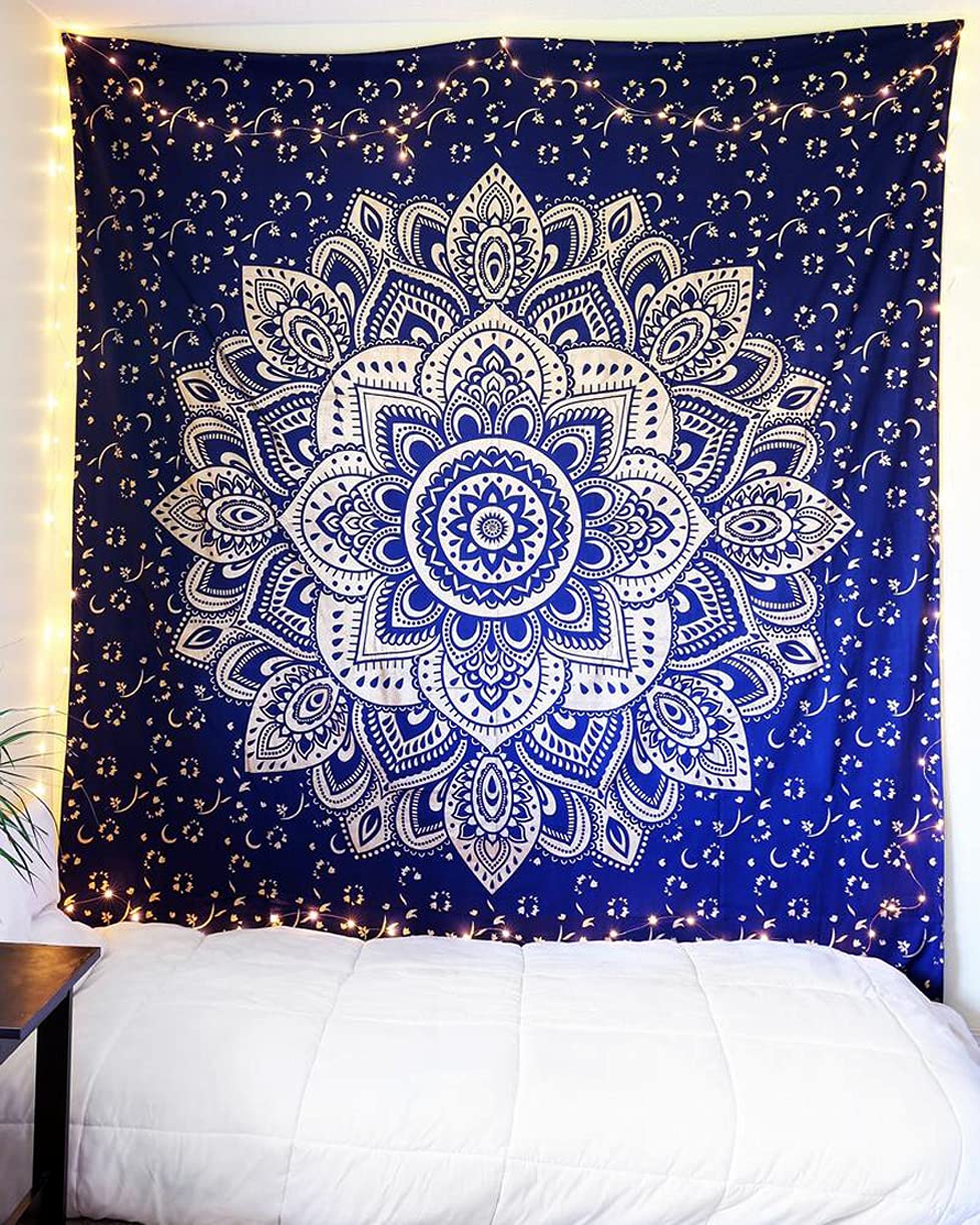 raajsee Blue Gold Mandala Tapestry Bedroom Aesthetic - Indie Wall Tapestry Hippie Room Decor - Boho Tapestrys -Trippy Large Tape