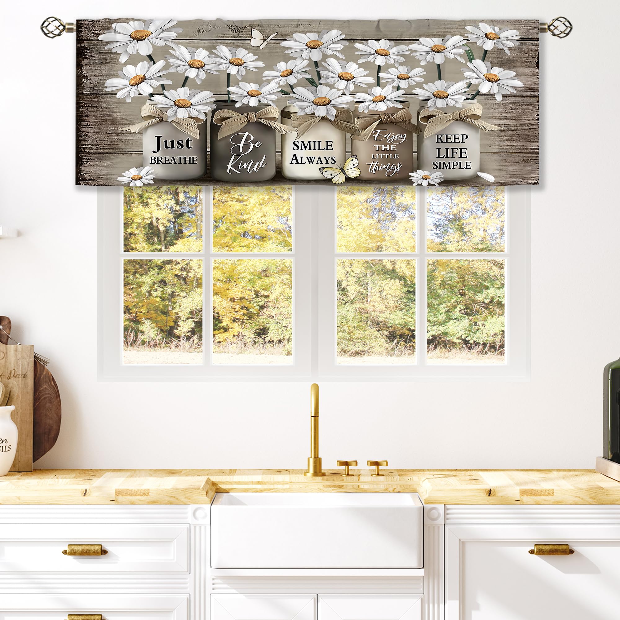 Laifzere Farmhouse Floral Curtain Valance For Window Treatments Daisy Rustic Vintage Flower Kitchen Treatment Inspirational Wood