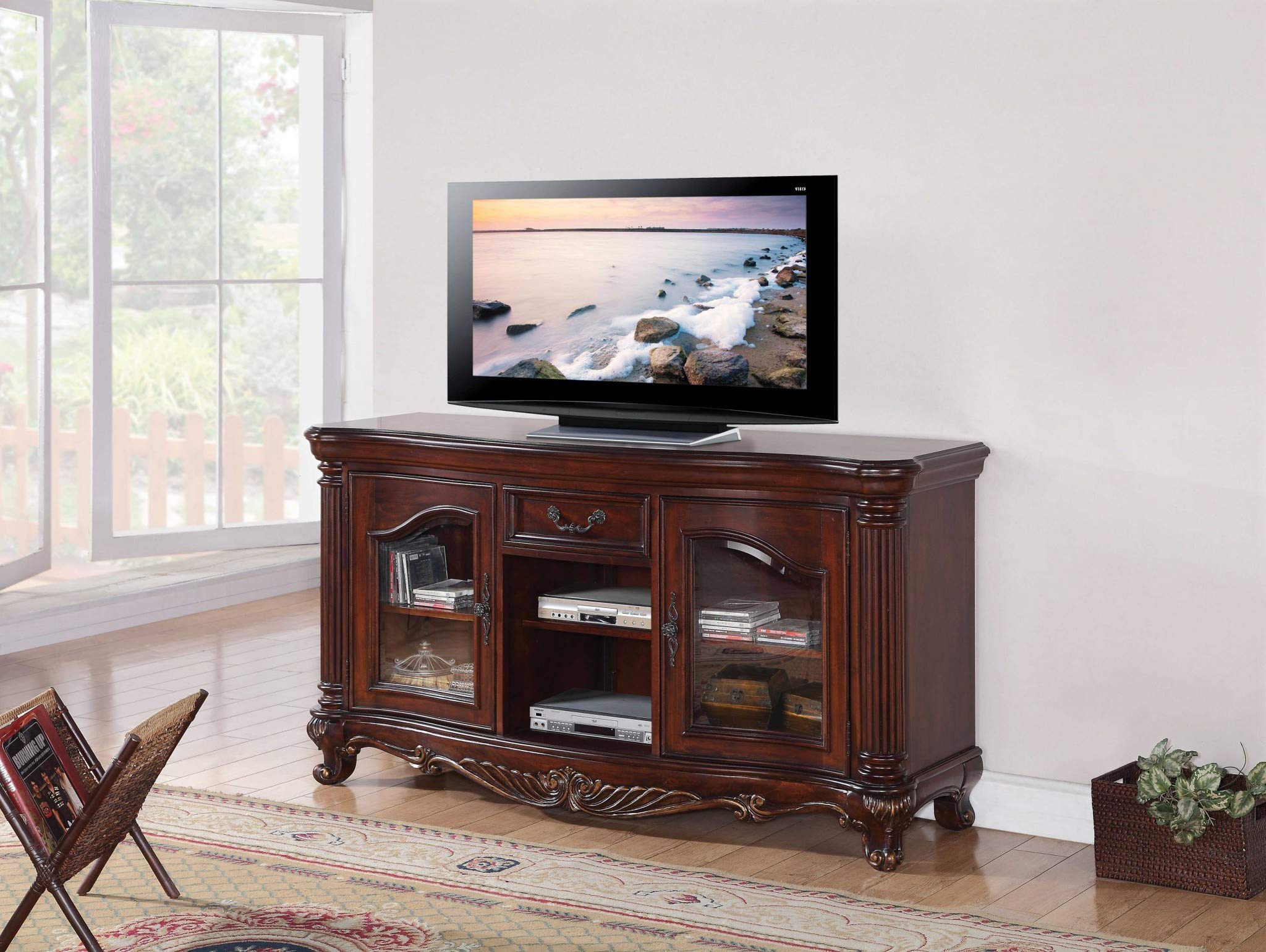HomeRoots 20' x 65' x 34' Living Room Decorative Brown Cherry Wood Glass TV Stand