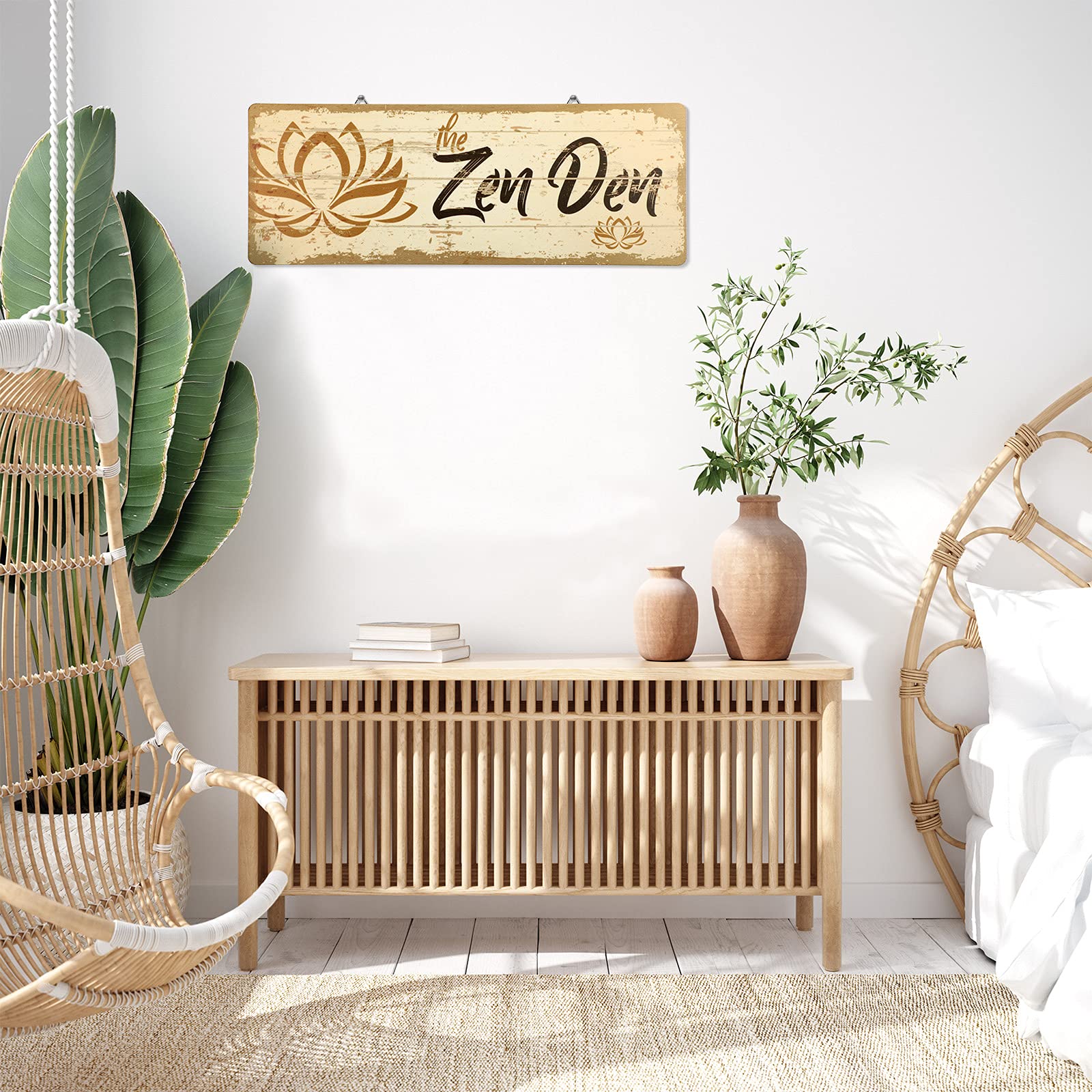 The Zen Den Lotus Wood Sign 15.75 X 5.9 Inch Lotus Yoga Sign Wooden Hanging Wall Sign With Hooks Meditation Home Decor For Yoga
