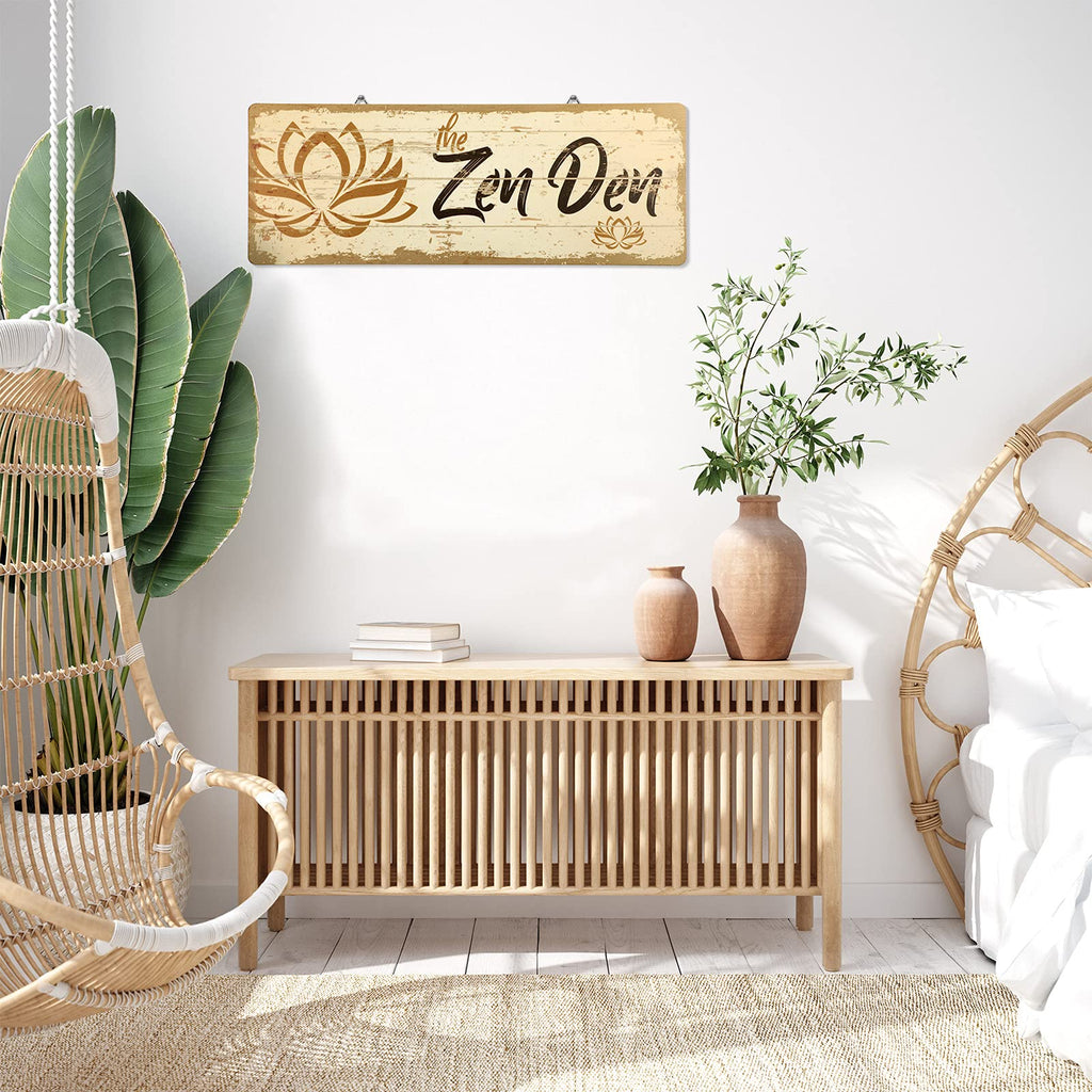 The Zen Den Lotus Wood Sign 15.75 X 5.9 Inch Lotus Yoga Sign Wooden Hanging Wall Sign With Hooks Meditation Home Decor For Yoga