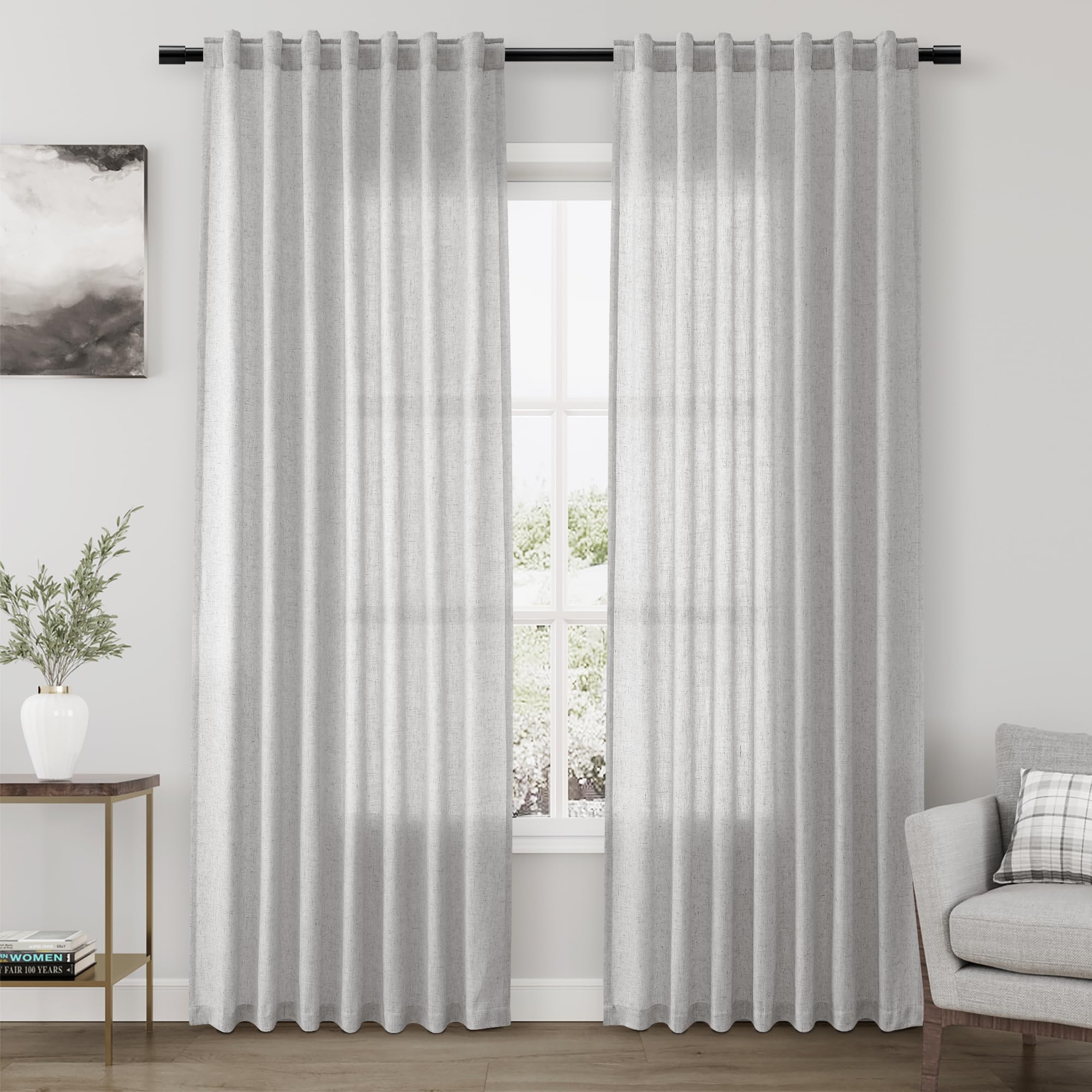 Nanspring Silver Back Tab Linen Curtains For Living Room 2 Panels Set Semi Sheer Curtains For Dining Room 52X84