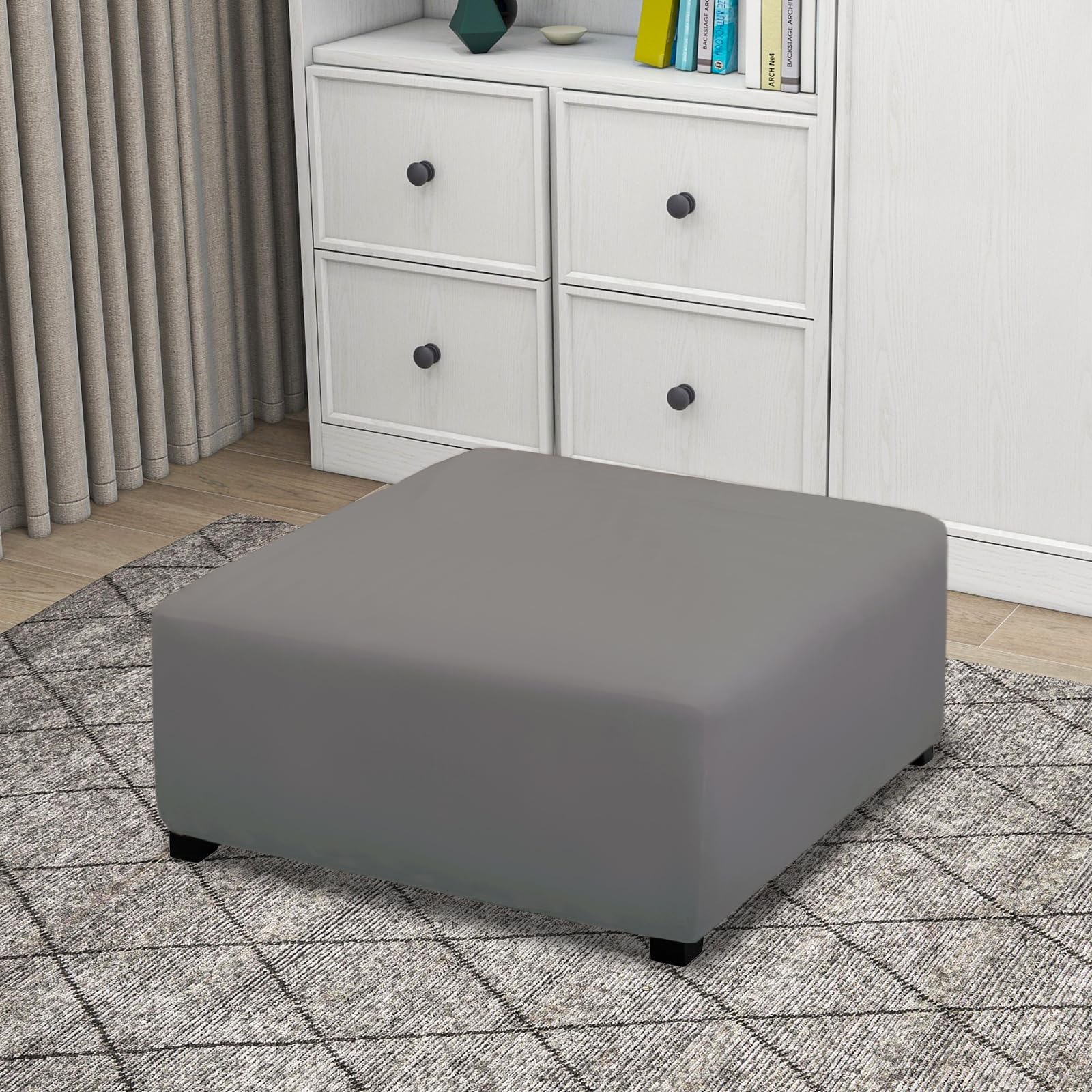 Purefit Super Stretch Form Fit Square Ottoman Cover Rectangle - Ottoman Slipcovers For Foot Stool & Folding Storage Furniture For Living Room With Nonslip Elastic Bottom (Medium-Xl, Gray)