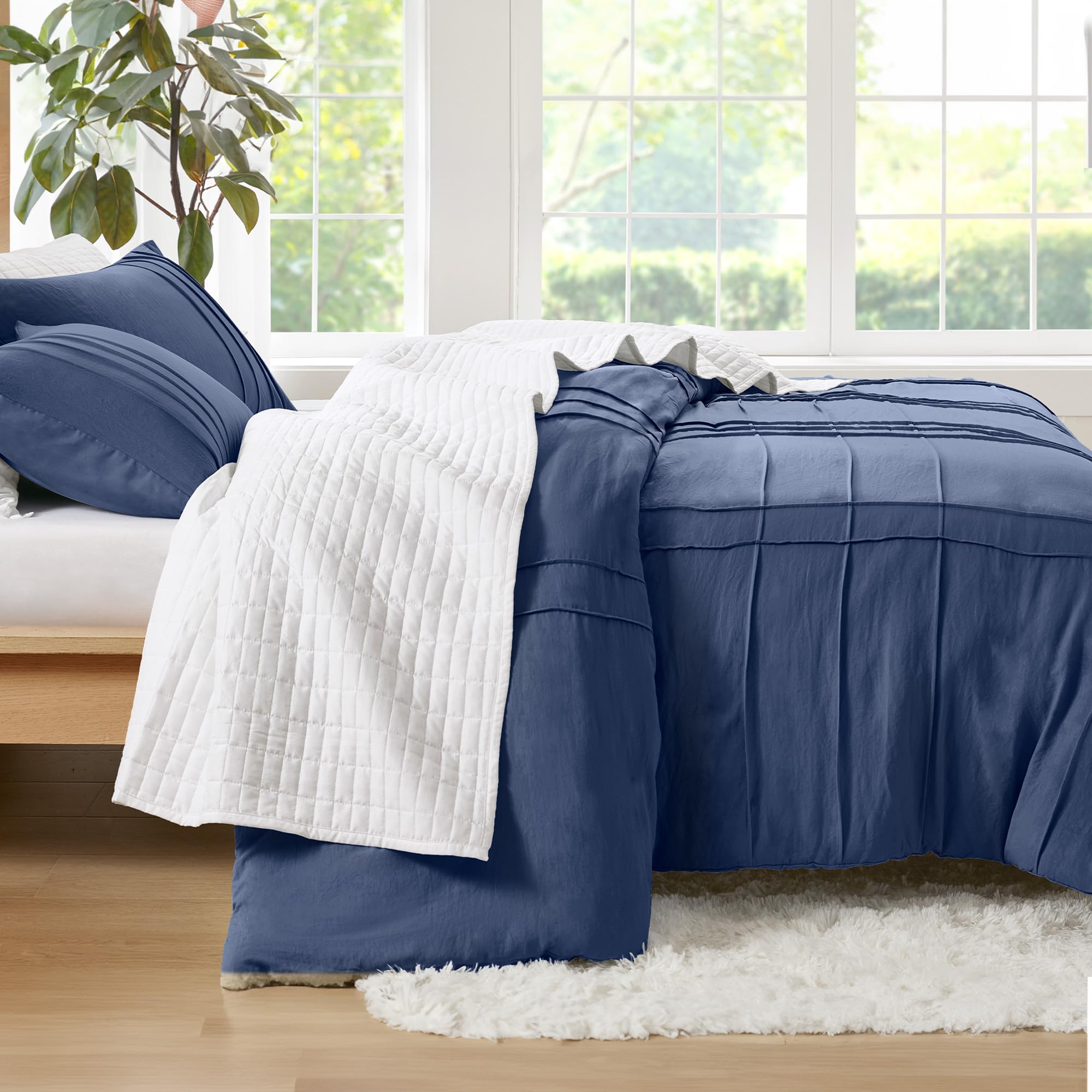 Comfort Spaces Navy Queen Size Duvet Cover Set - 3-Pc Pintuck Pleated Duvet Cover Queen, All Season Lightweight, Extra Softness Pre-Washed Microfiber Queen Bed Cover Shams, Queen