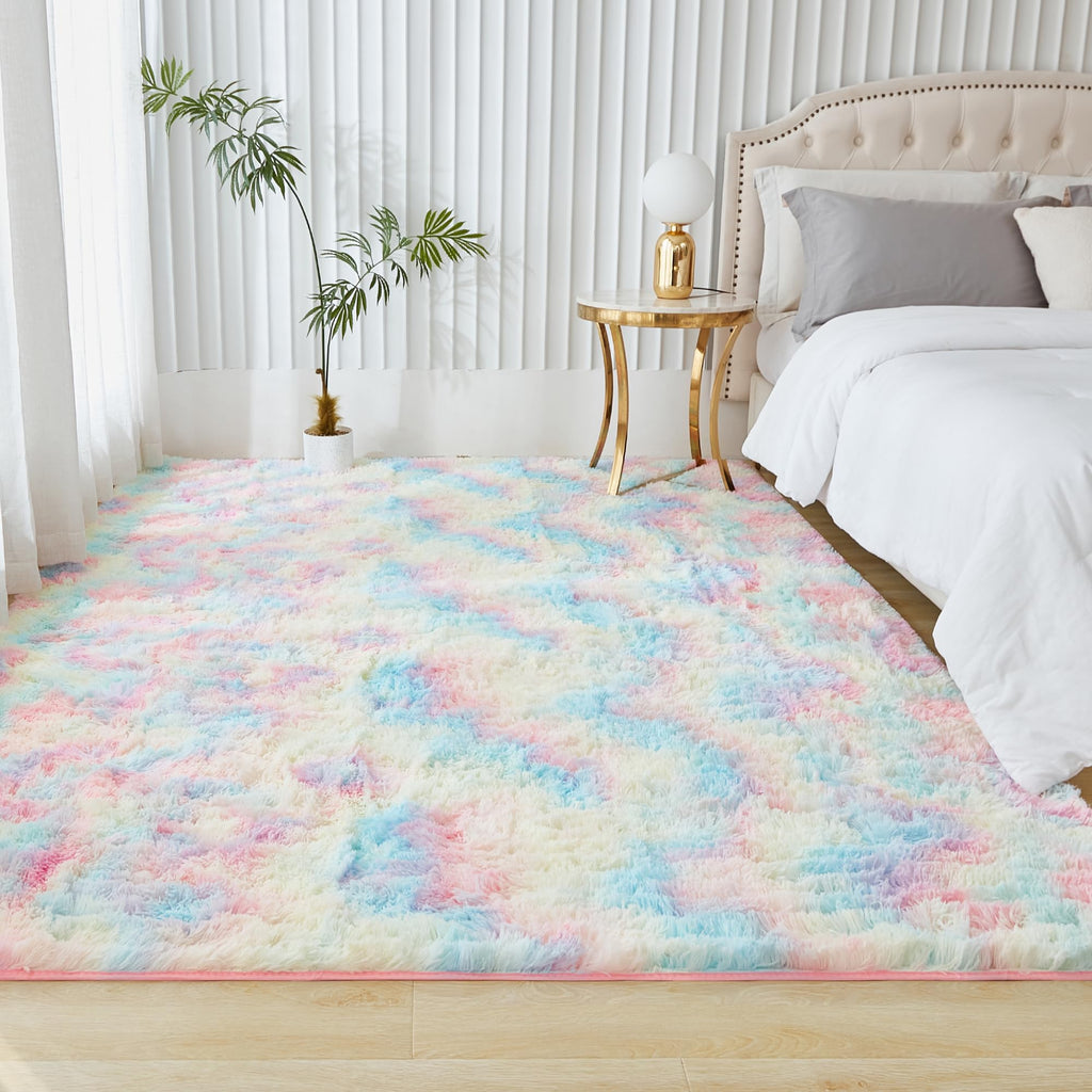 Andency 4X6 Shag Area Rug For Living Room, Rainbow Soft Fuzzy Plush Indoor Carpets For Bedroom, Non Skid Fluffy Faux Fur Rug For Nursery Kids Boys Girls Room