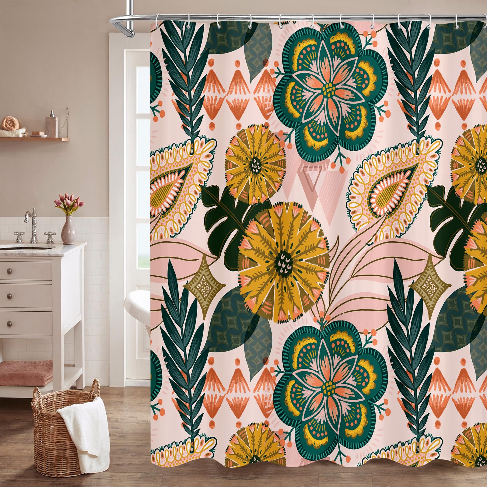 Mitovilla Boho Floral Shower Curtain, Abstract Tropical Leaves Shower Curtains For Chic Elegant Bathroom Decor, Vintage Fabric C