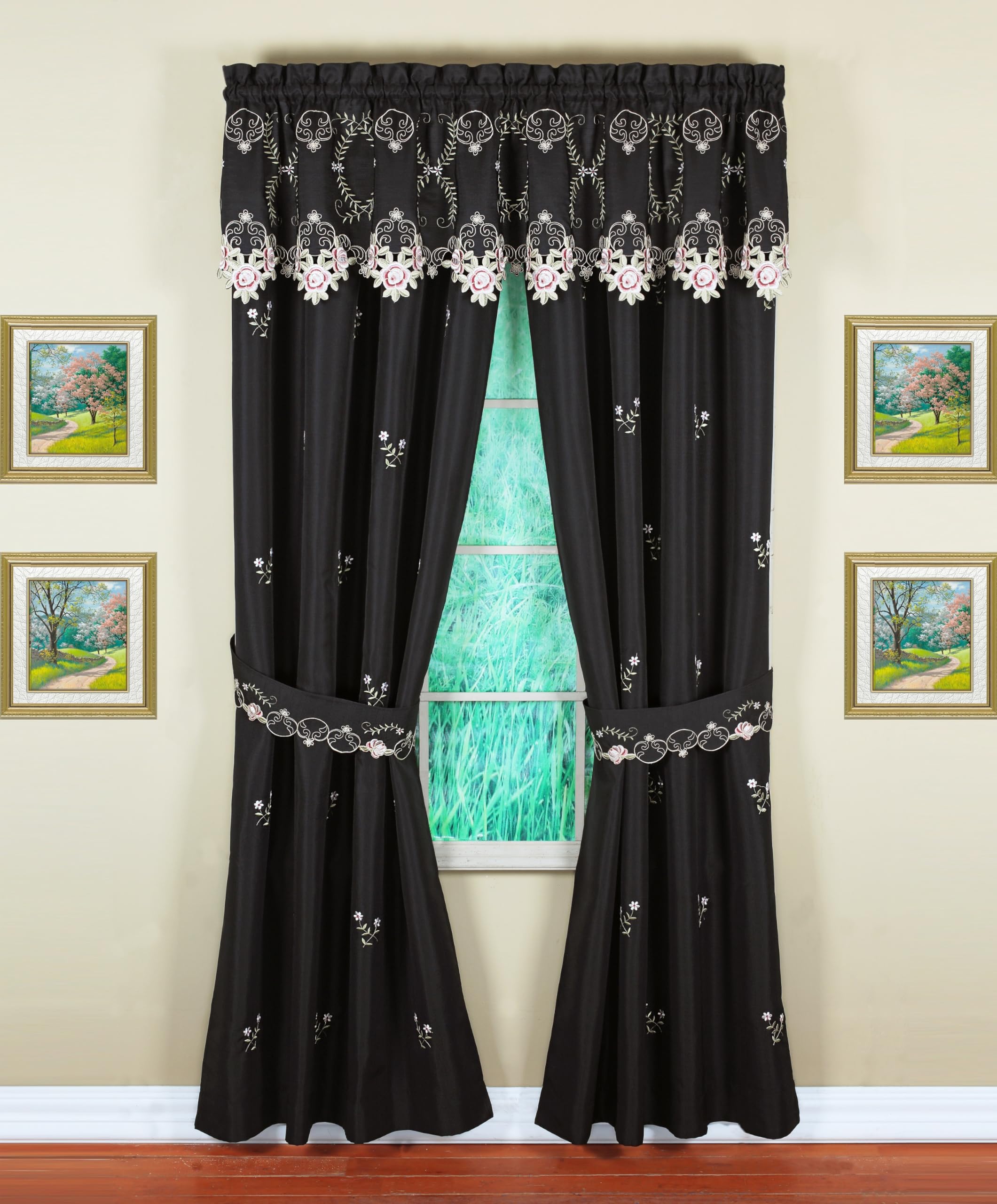 Today'S Curtain Verona Reverse Embroidery Panel Pair And Tiebacks, 84', Black/Rose, 80' W X 84' L