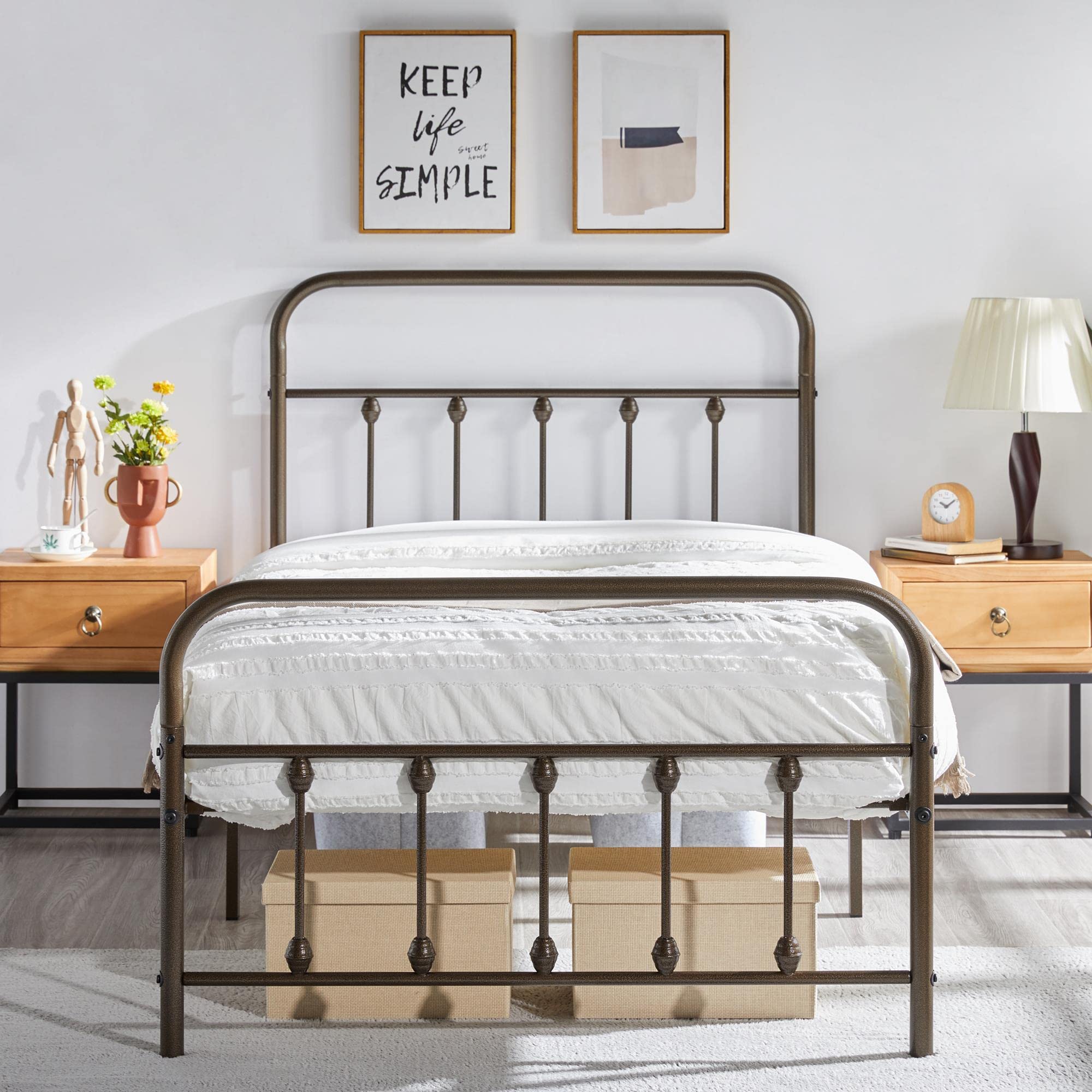 Yaheetech Classic Metal Platform Bed Frame Mattress Foundation With Victorian Style Iron-Art Headboard/Footboard/Under Bed Storage/No Box Spring Needed/Twin Size Bronze