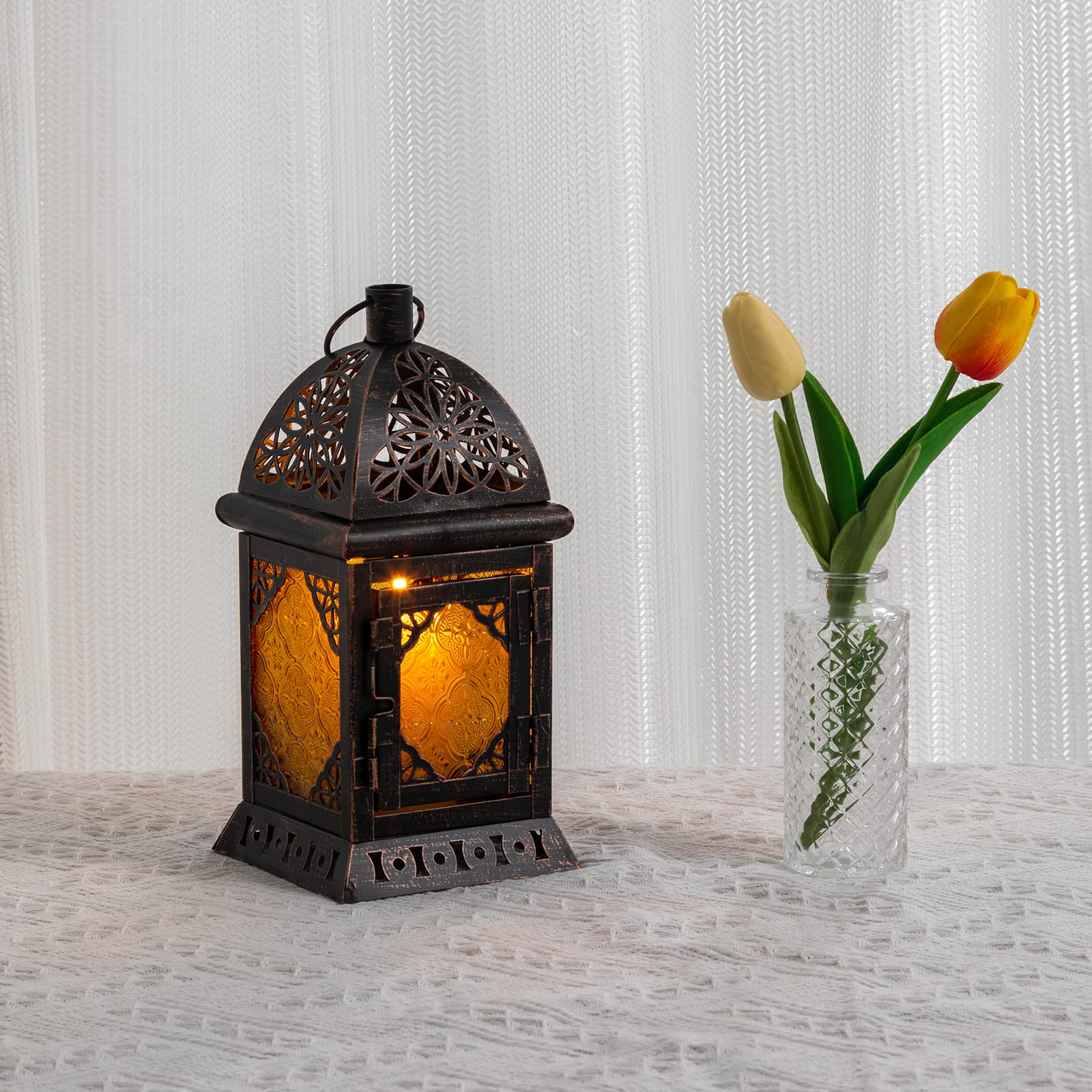 DECORKEY Candle Lantern - Vintage Moroccan 12'' Amber Glass & Black Metal Hanging/Tabletop Decor for Indoor/Outdoor Use