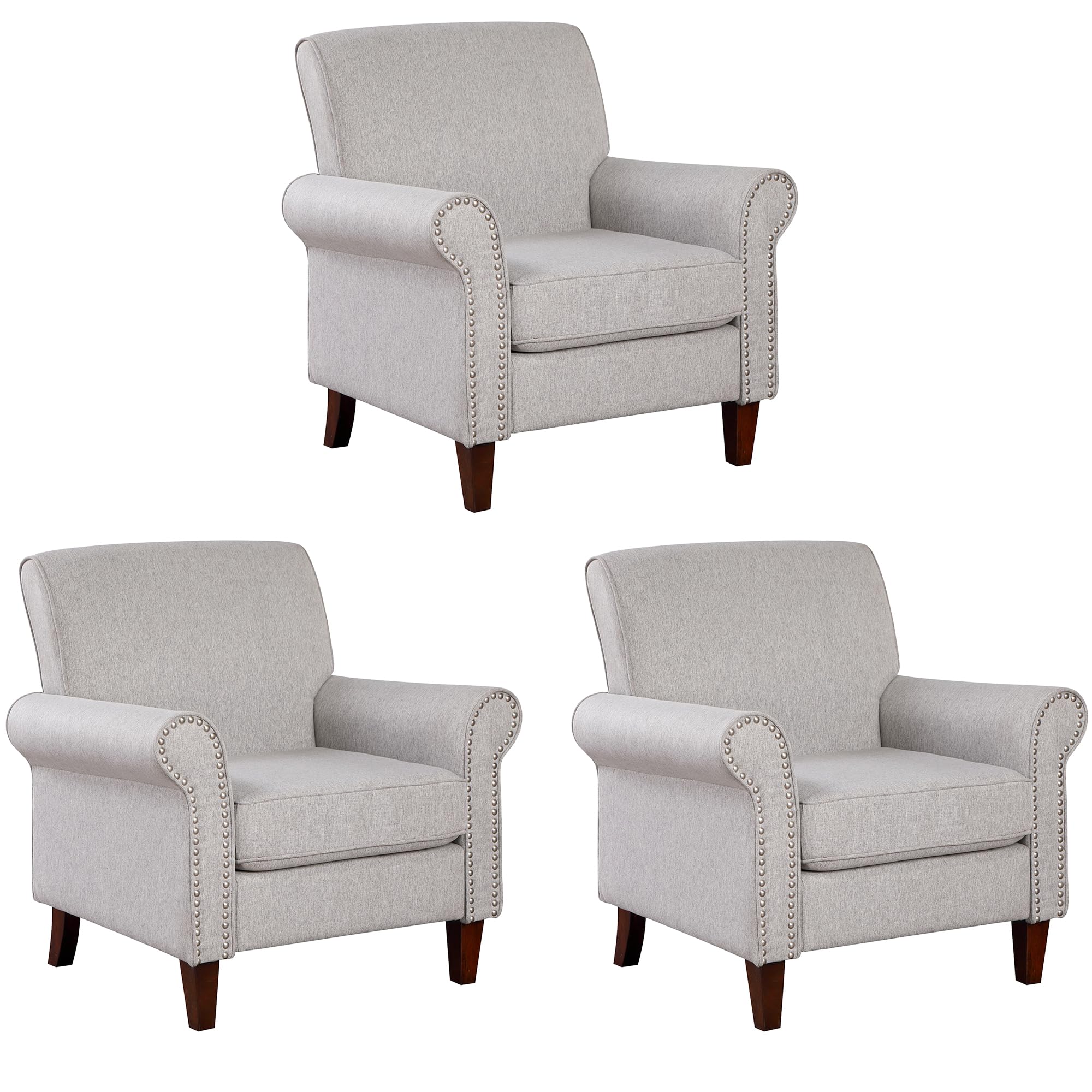 Prilinex Upholstered Living Room Chair Set Of 3 - Large Comfy Fabric Accent Chair Single Sofa With Cushion, Rolled Armrest & Nai