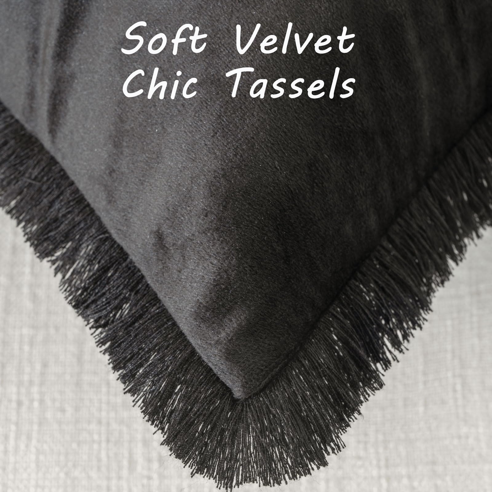 Futei Black Boho Throw Pillow Covers With Tassels 12X20 Inch Set Of 2,Soft Velvet Lumbar Pillow Cases,Home Decor For Couch Livin