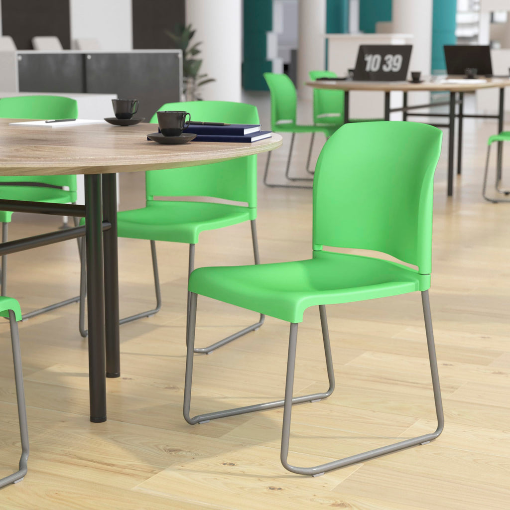 Flash Furniture Hercules Series 880 lb. Capacity Green Full Back Contoured Stack Chair with Gray Powder Coated Sled Base