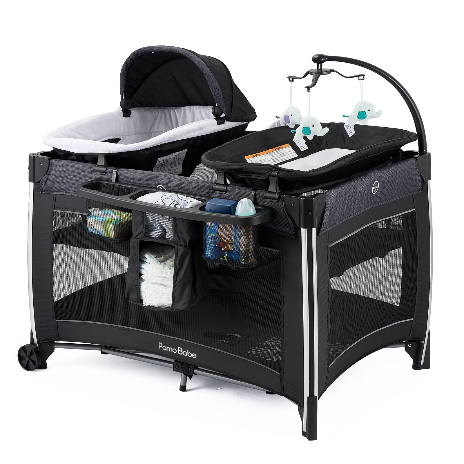 Pamo Babe 4 in 1 Portable Baby Crib Deluxe Nursery Center, Foldable Travel Playard with Bassinet, Mattress, Changing Table for N