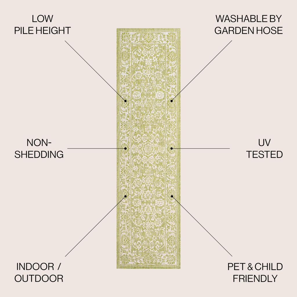 Jonathan Y Smb100D-210 Tela Bohemian Textured Weave Floral Indoor Outdoor -Area Rug, Coastal, Traditional, Transitional Easy-Cleaning,Bedroom,Kitchen,Backyard,Patio,Non Shedding, Green/Cream, 2 X 10