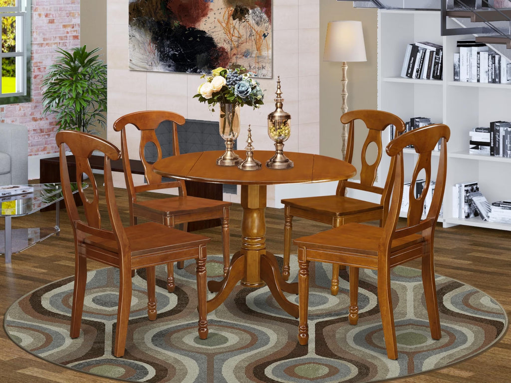 East West Furniture DLNA5-SBR-W 5 Piece Dining Set Includes a Round Dining Room Table with Dropleaf and 4 Wood Seat Chairs, 42x42 Inch, Saddle Brown